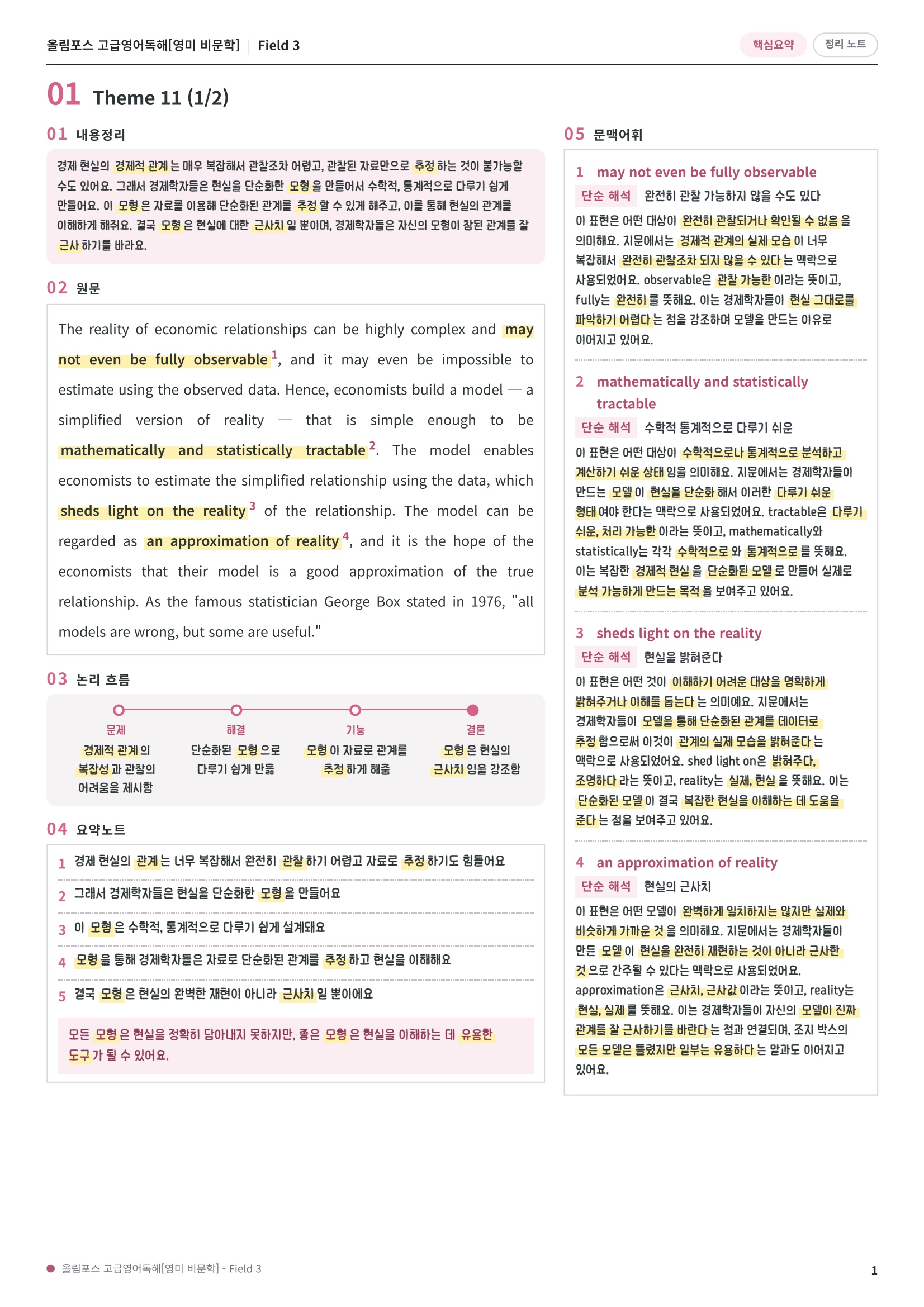 🩷[Field 3][핵심요약] 올림포스 고급영어독해 영미비문학🩷