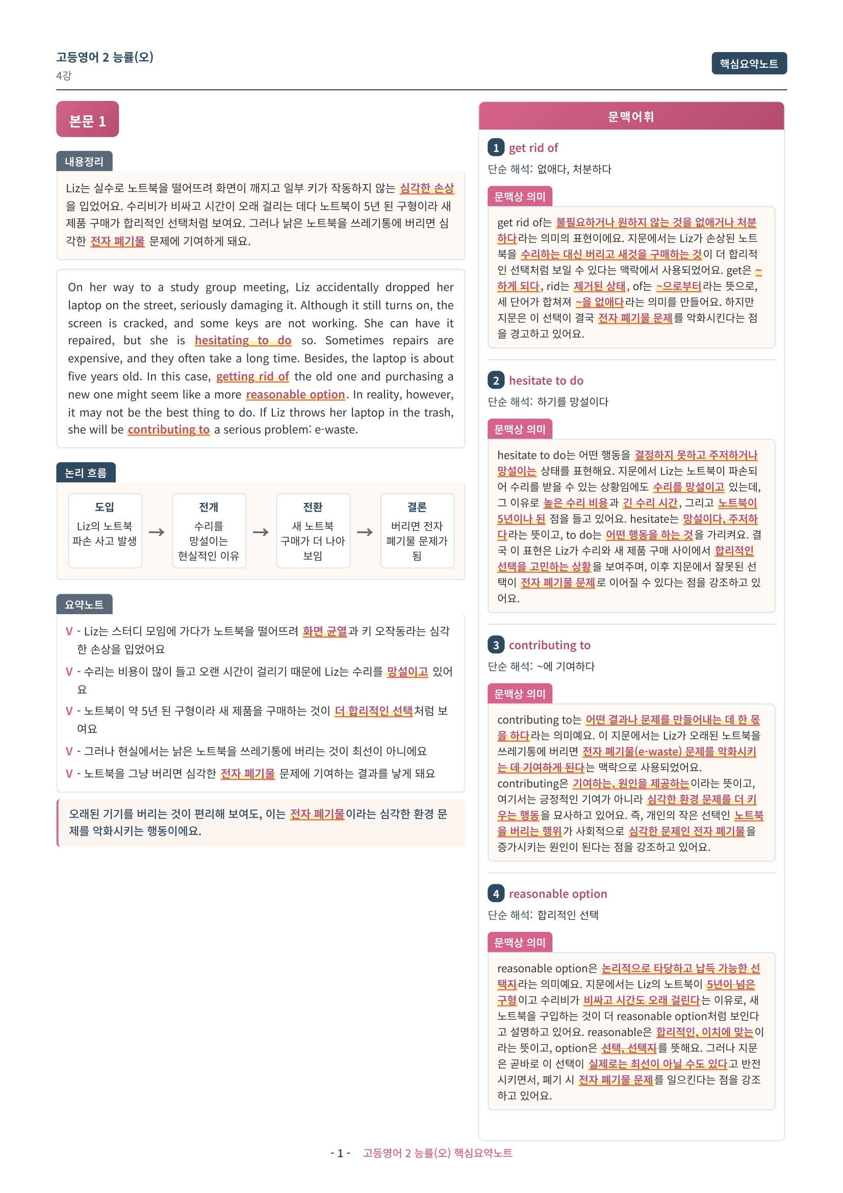 🩷 (고등영어2) 능률(오) 4과 핵심요약노트🩷