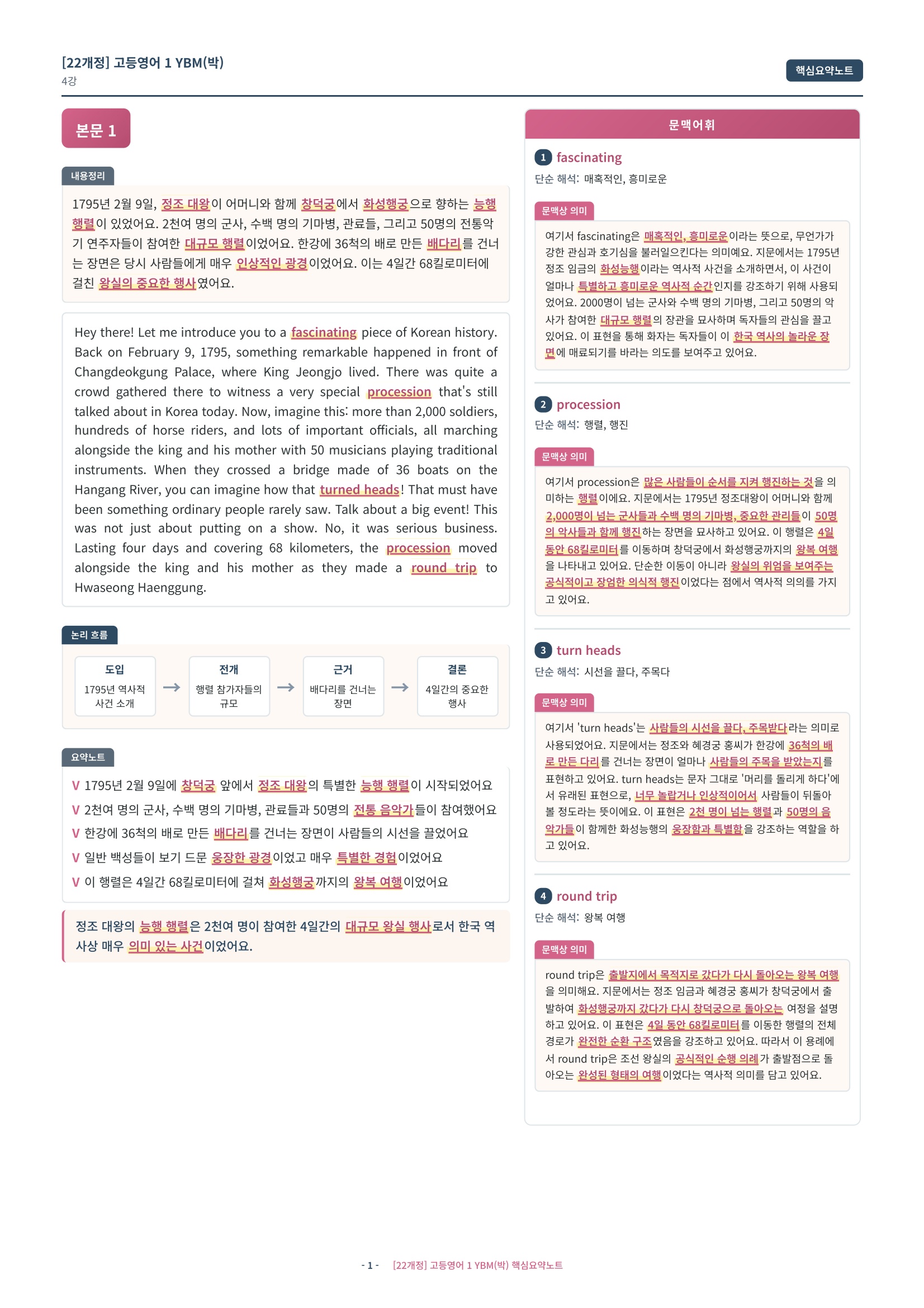 🩷[4강][핵심요약] 고등영어 1 YBM(박)🩷
