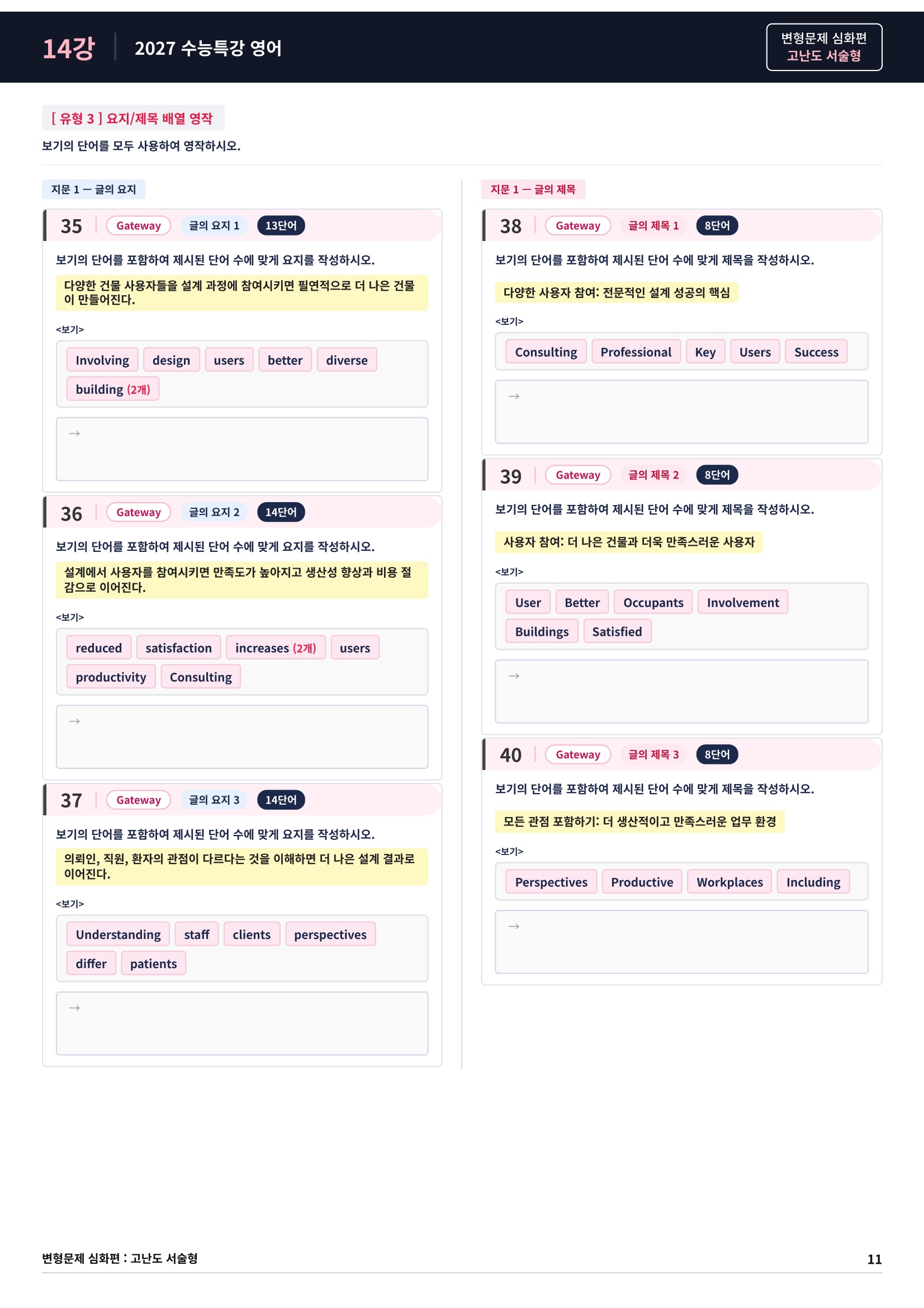 ❤️[고난도심화변형 서술형][14강] 27 수능특강 영어 (94제)❤️