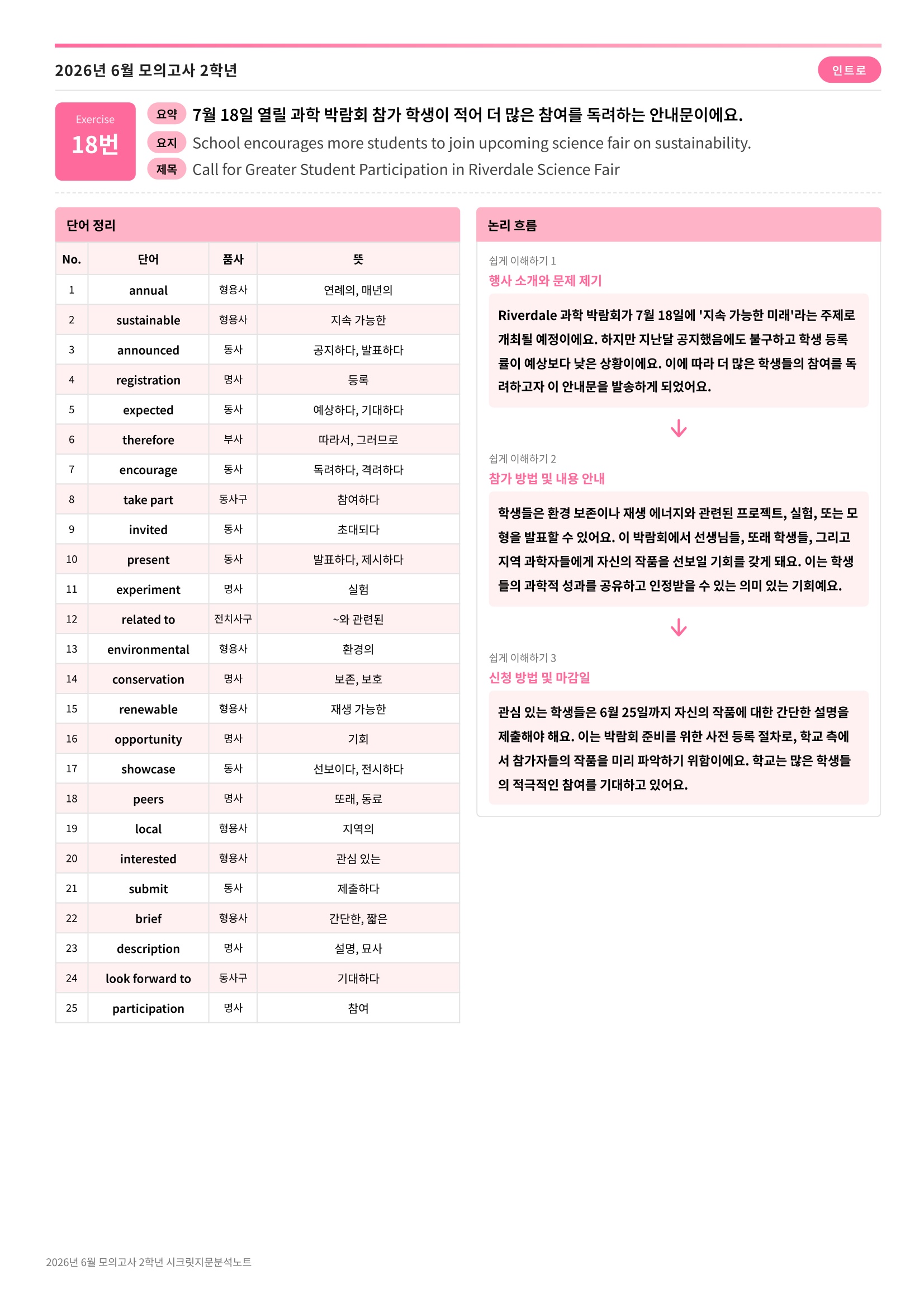 🩷[2026년 6월 모의고사][2학년] 지문분석+단어장+파이널체크🩷
