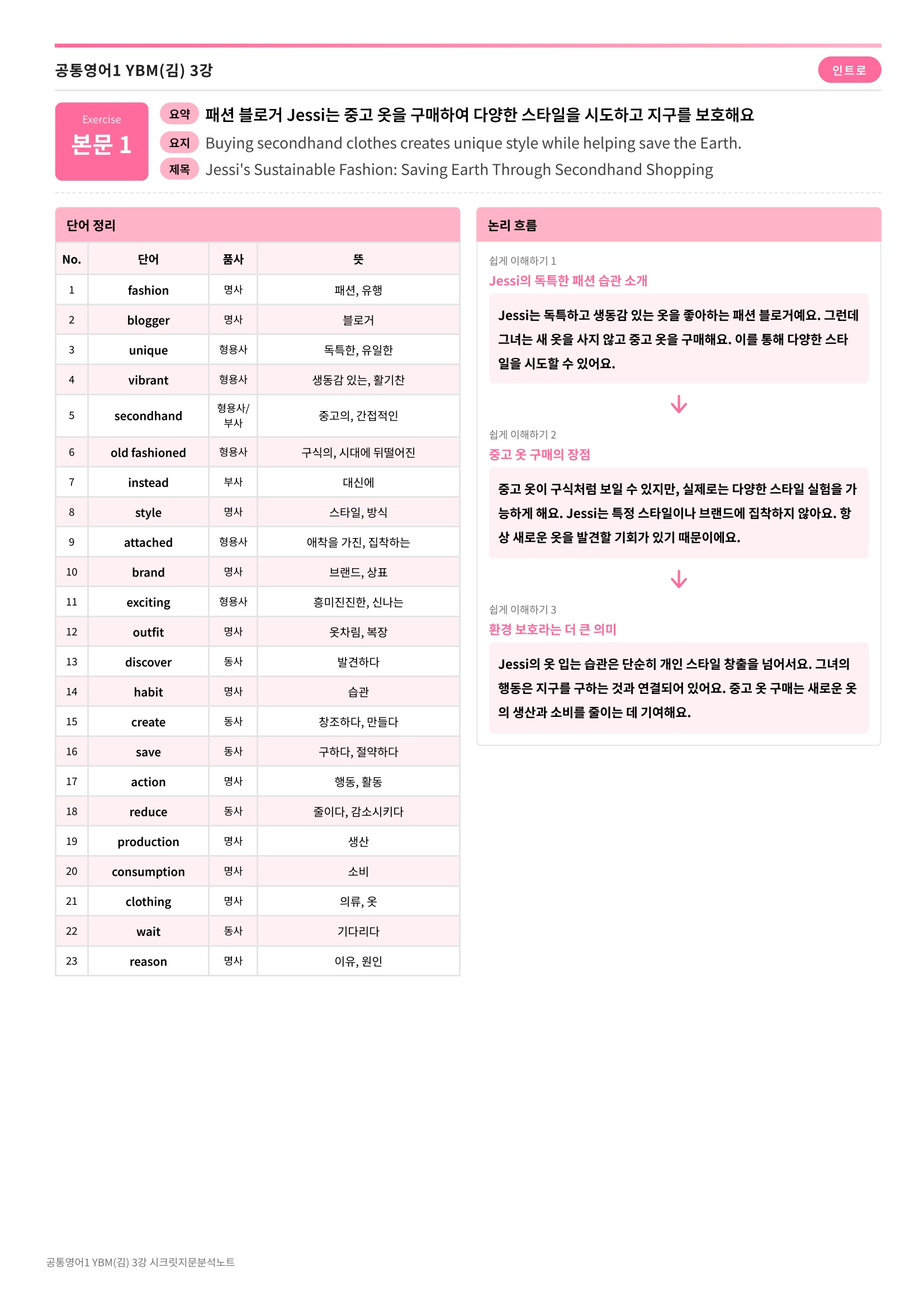 🩷[공통1] YBM(김) 3과 시크릿지문분석노트🩷