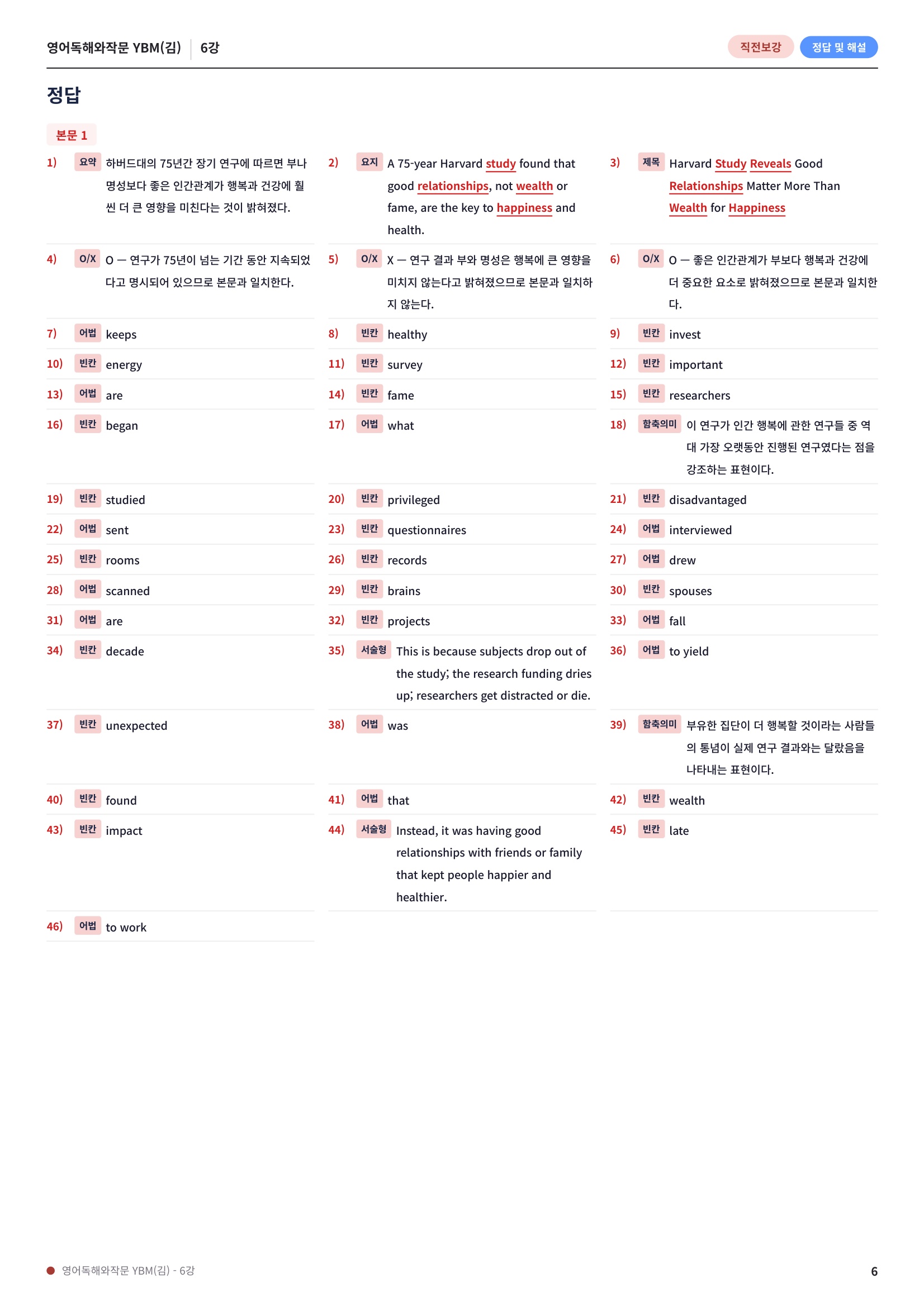 ❤️[6과] 영어독해와작문 YBM(김) 직전보강 + 삽화 + 통합문제❤️