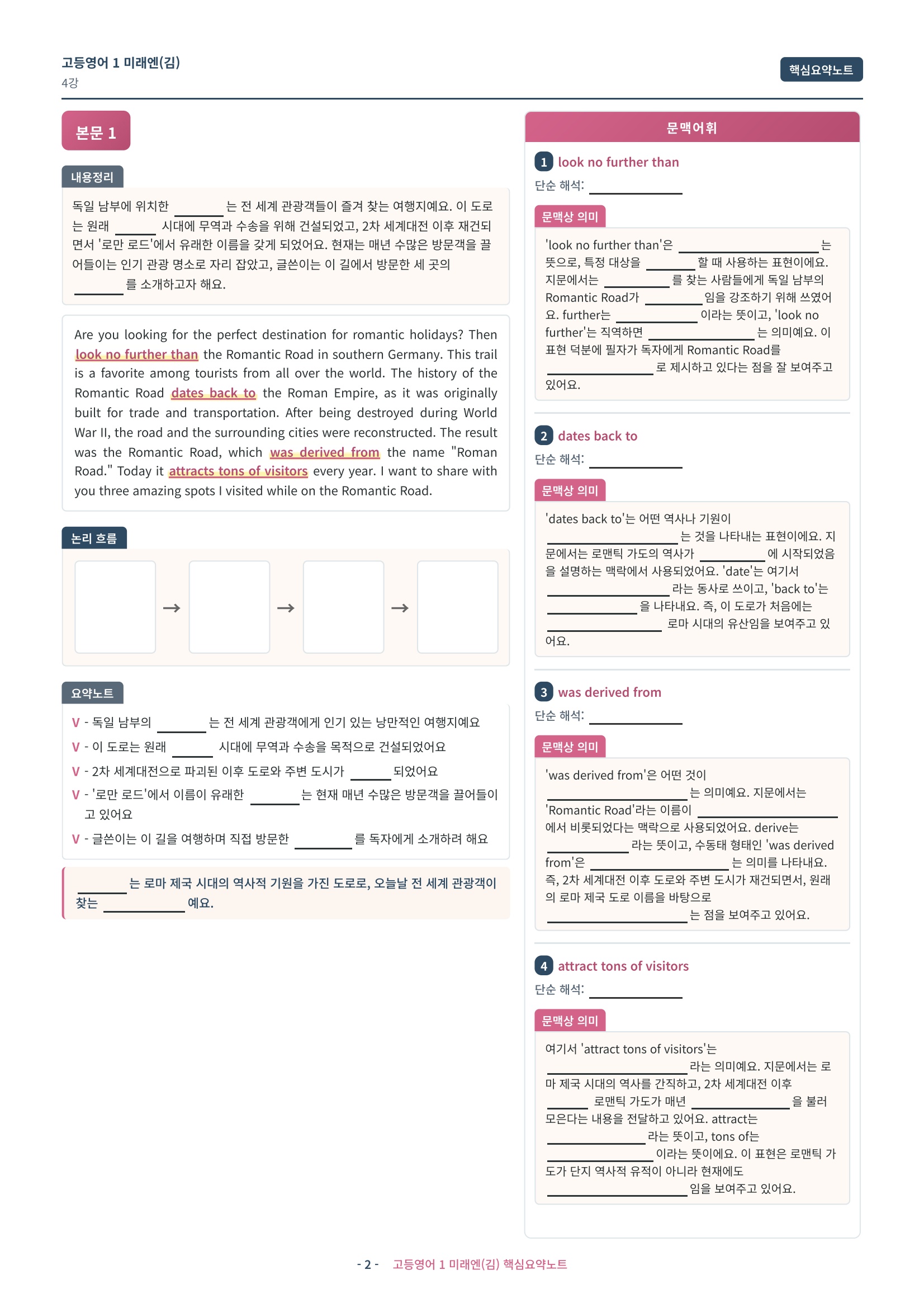 🩷 (고등영어1) 미래엔(김) 4과 핵심요약노트🩷