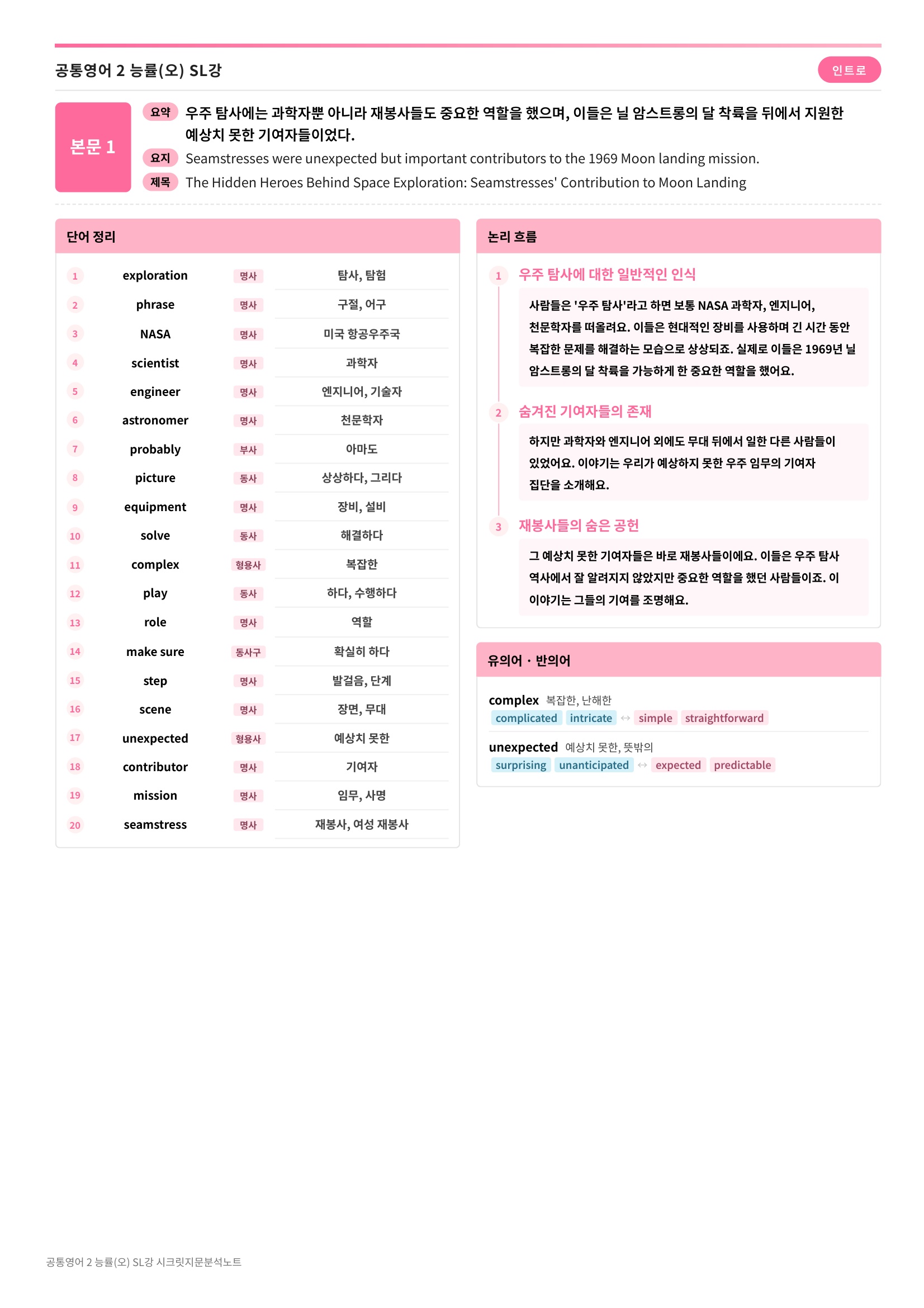 🩷(공통영어 2) 능률(오) SL과 [지문분석+단어장+파이널체크]🩷