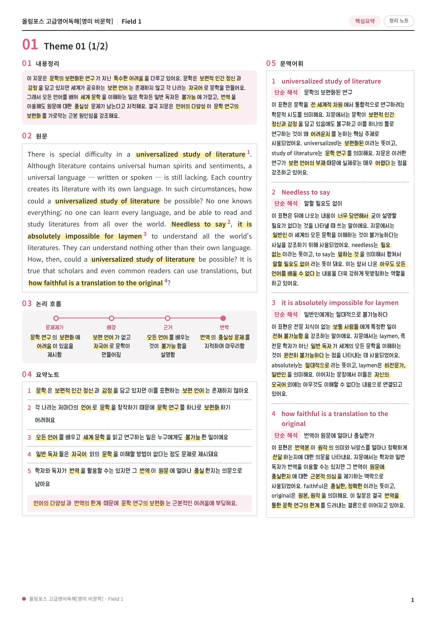 🩷[Field 1][핵심요약] 올림포스 고급영어독해 영미비문학🩷