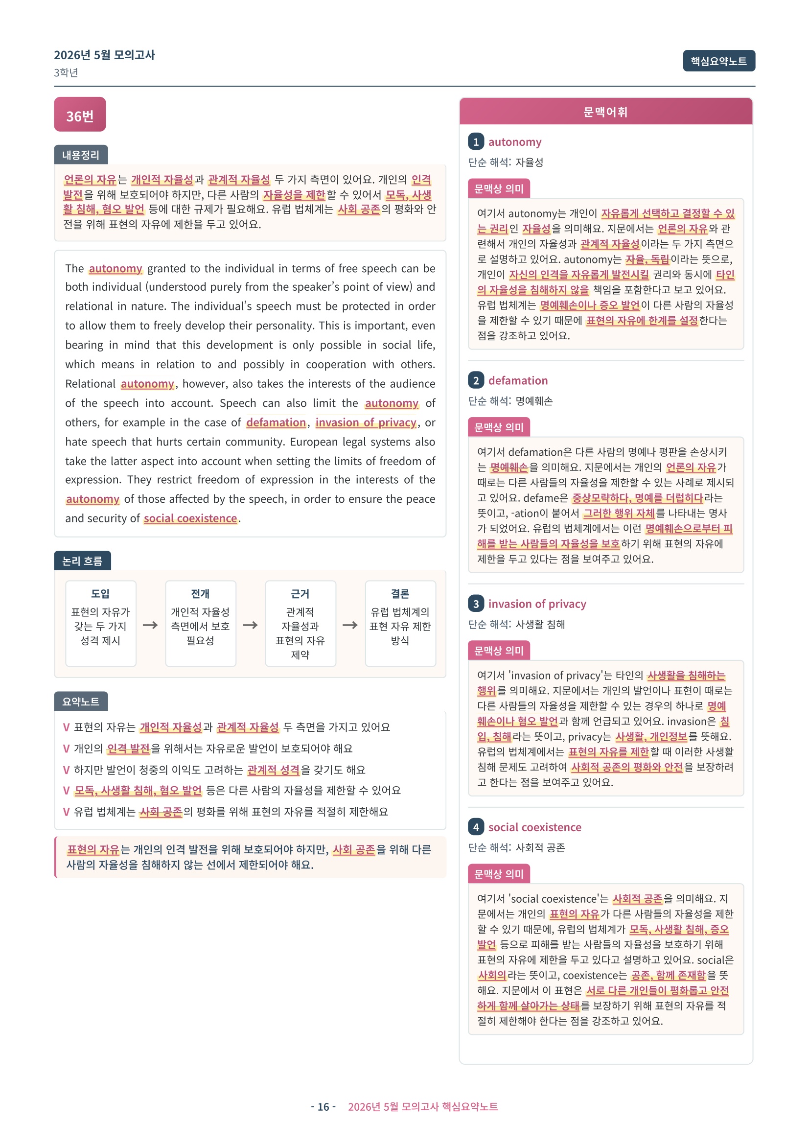 🩷[2026년 5월 모의고사][3학년] 핵심요약노트🩷