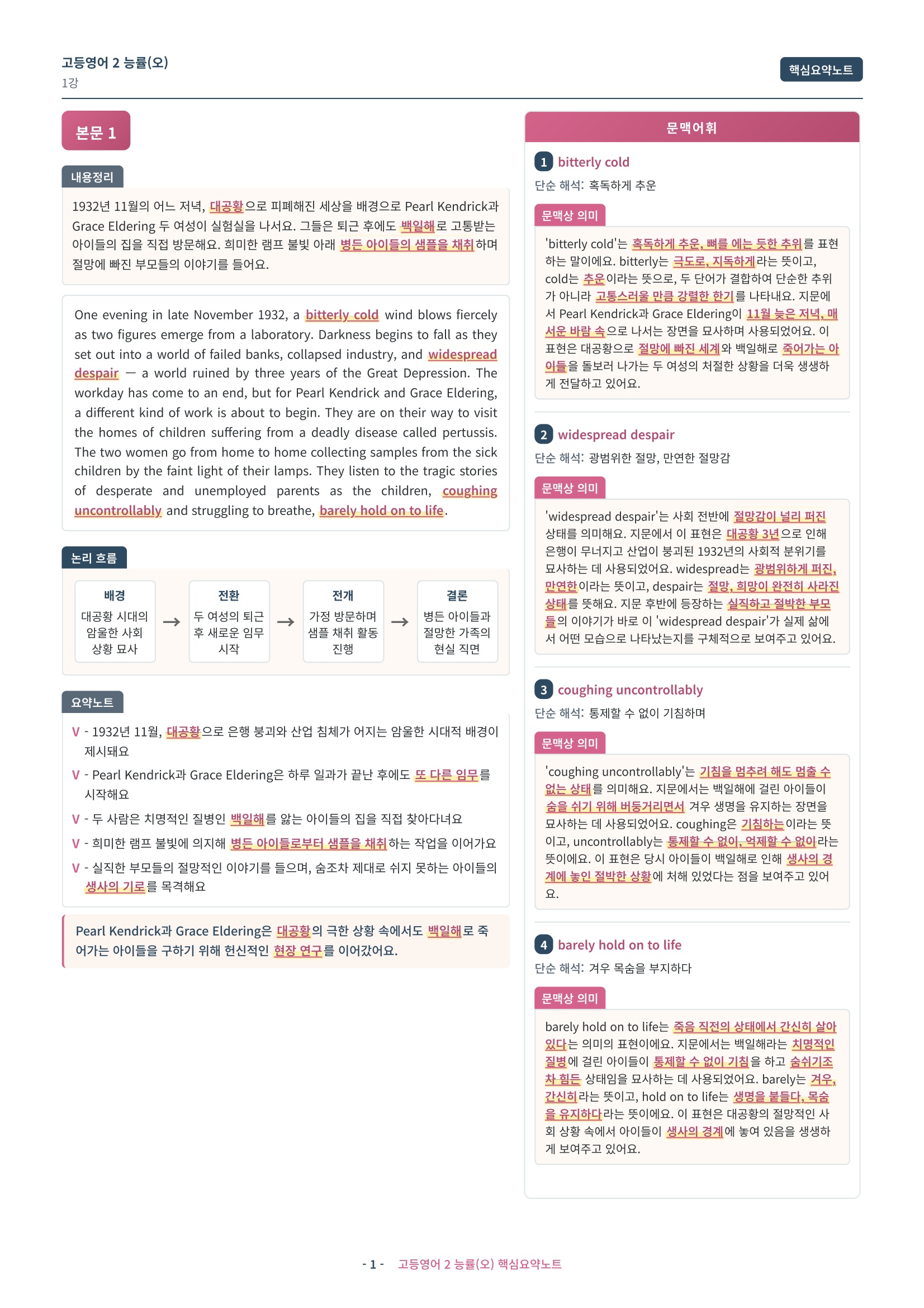 🩷 (고등영어2) 능률(오) 1과 핵심요약노트🩷
