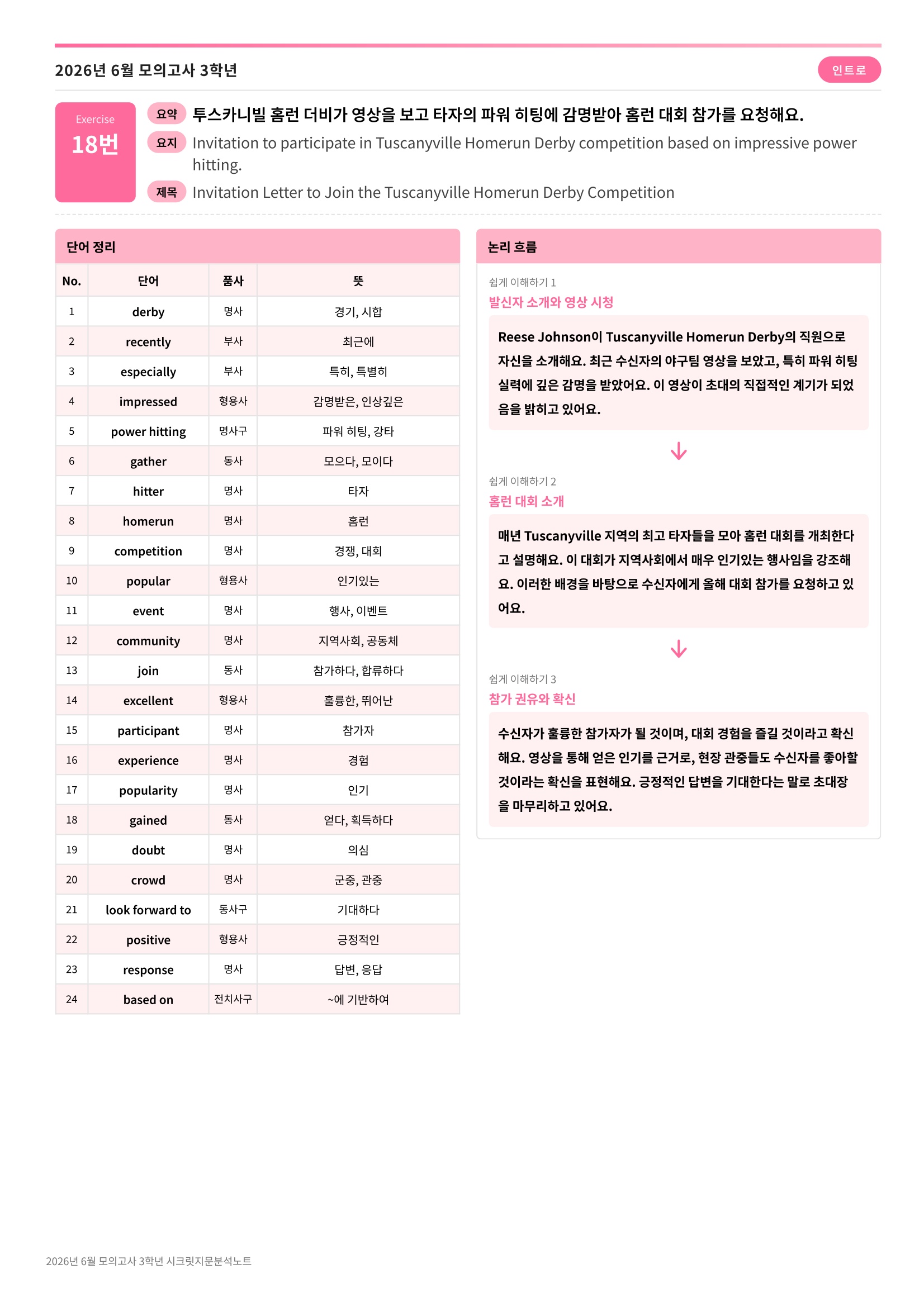 🩷[2026년 6월 모의고사][3학년] 지문분석+단어장+파이널체크🩷