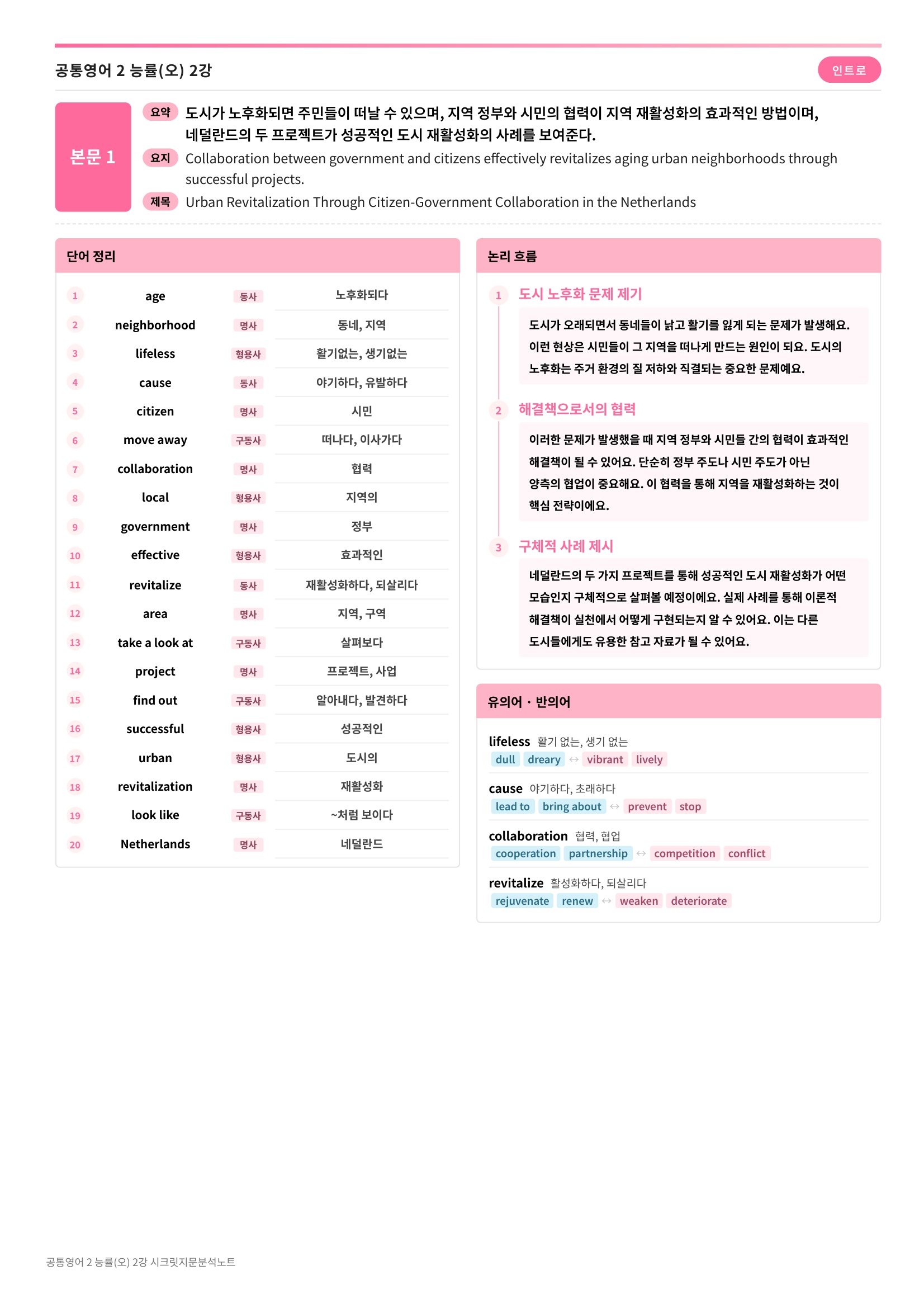 🩷(공통영어 2) 능률(오) 2과 [지문분석+단어장+파이널체크]🩷