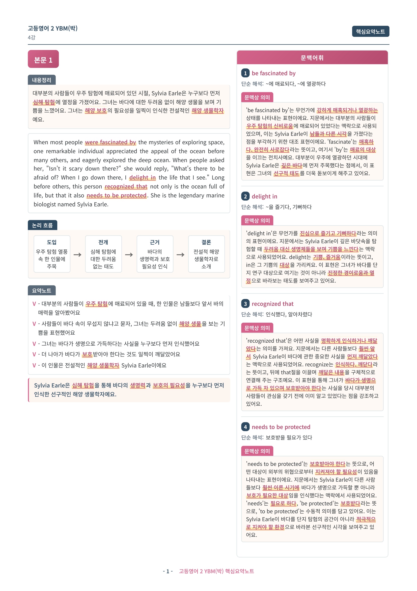 🩷 (고등영어2) YBM(박) 4과 핵심요약노트🩷