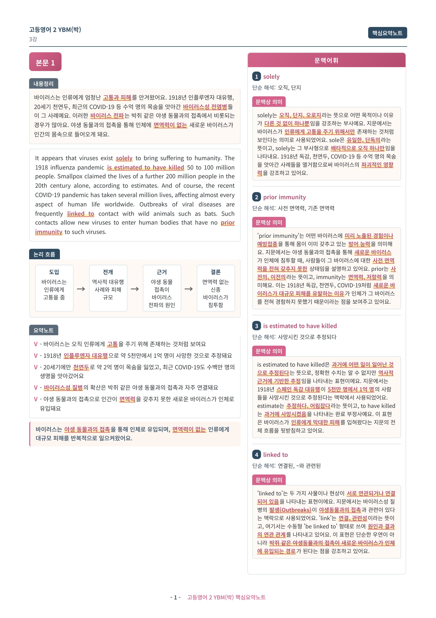 🩷 (고등영어2) YBM(박) 3과 핵심요약노트🩷