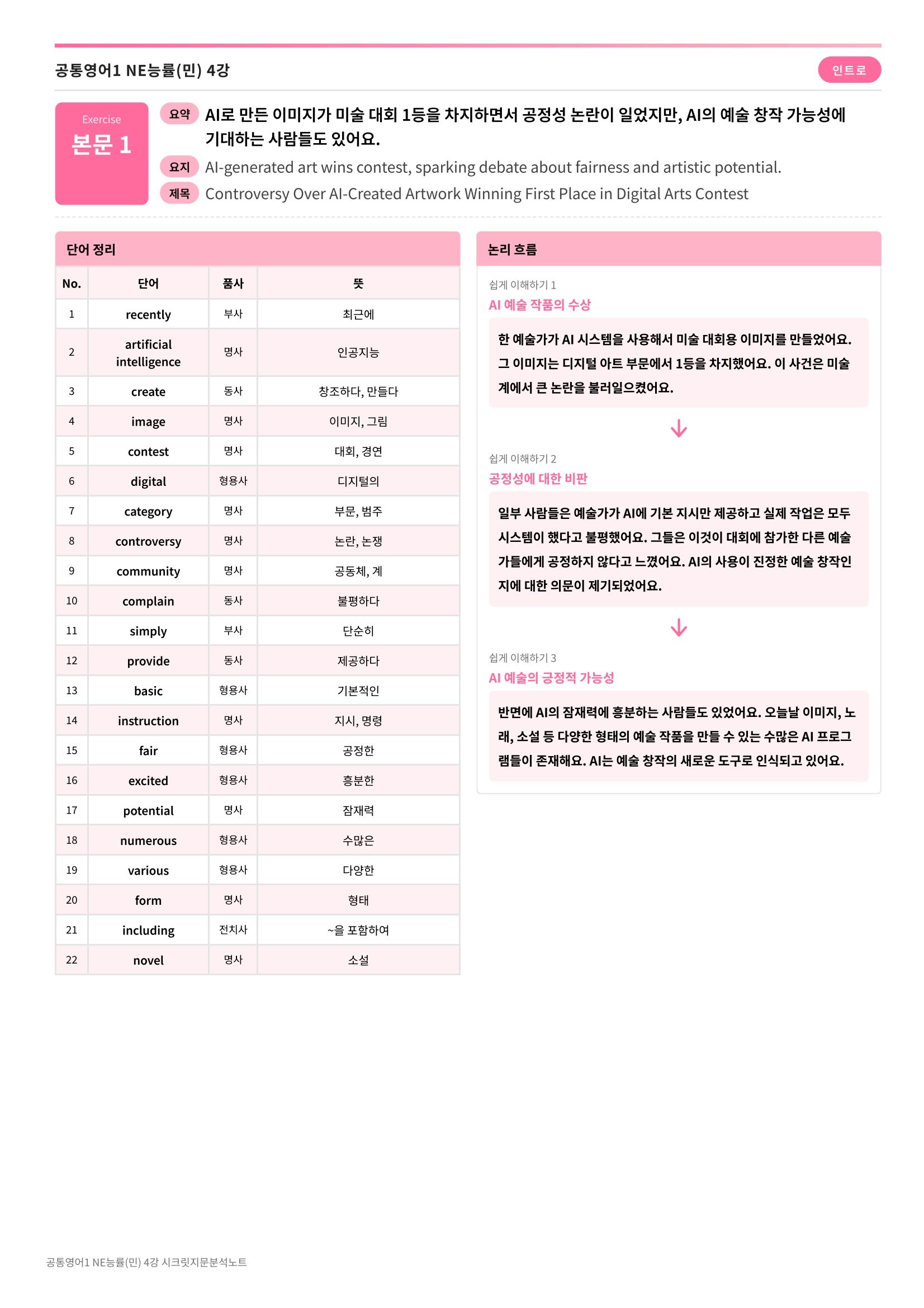 🩷[공통1] 능률(민) 4과 시크릿지문분석노트🩷