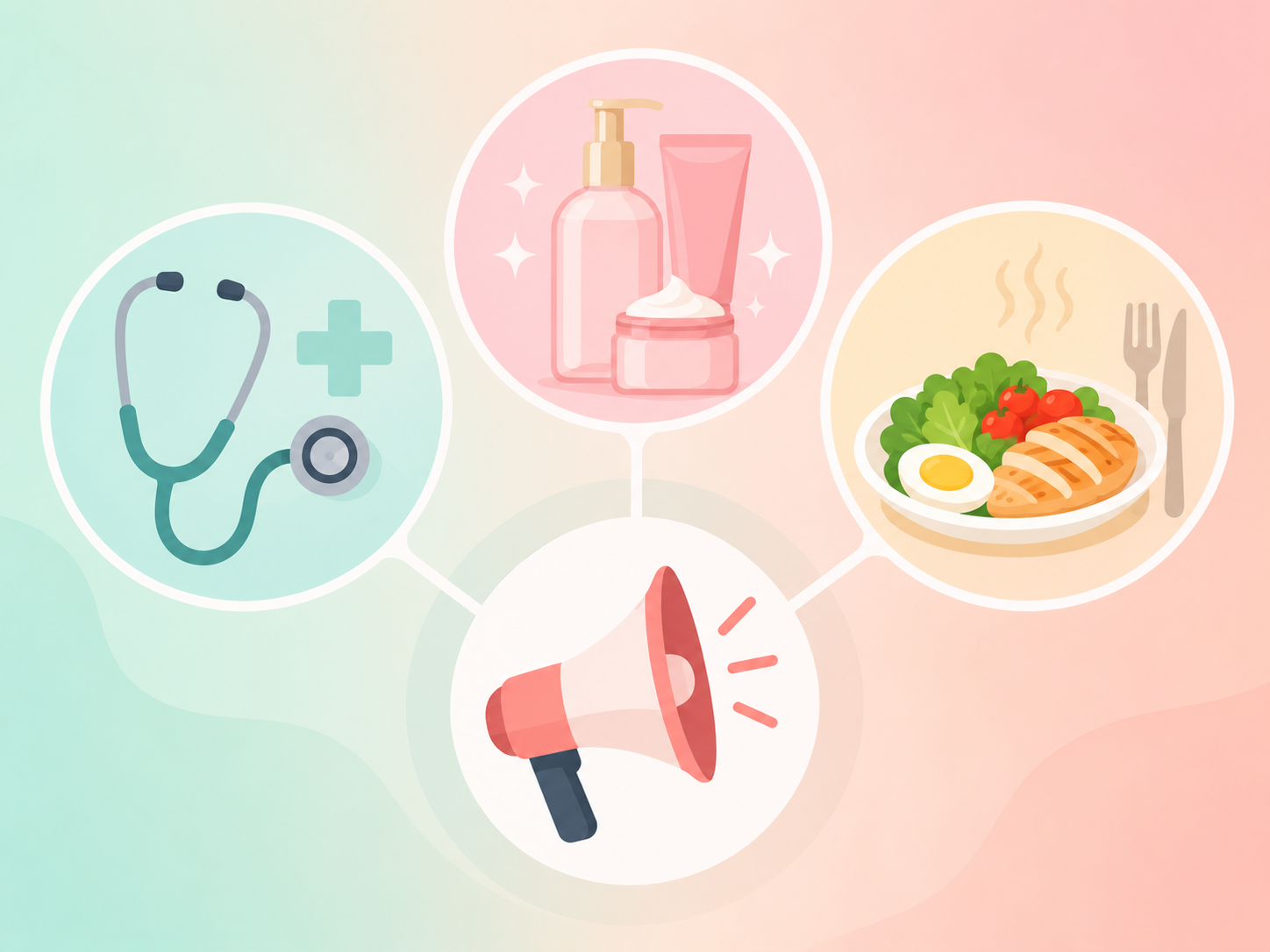 청진기, 화장품, 음식 아이콘이 마케팅 확성기 아이콘과 연결된 다양한 산업군 캠페인 경험을 나타낸 일러스트