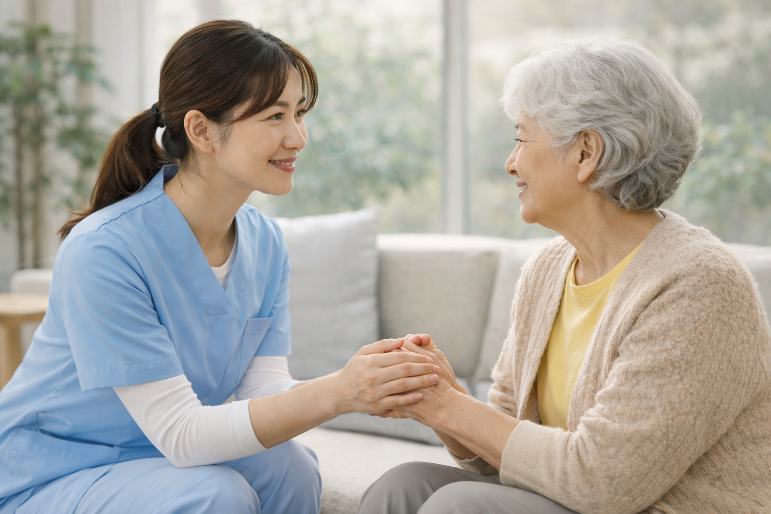 직원이 어르신의 손을 잡고 대화하는 모습