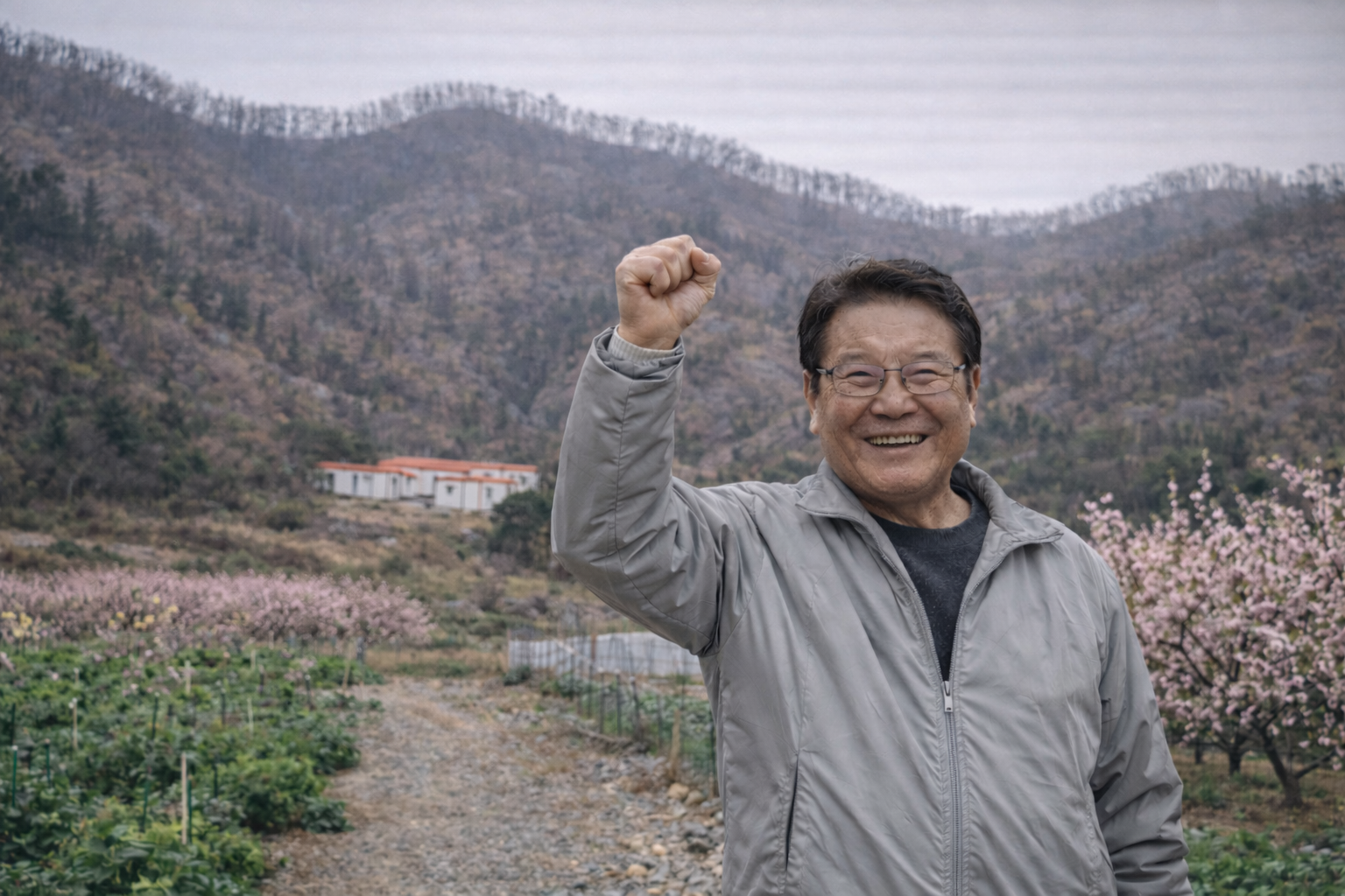영덕 복숭아밭 앞에서 희망차게 웃고 있는 이재민