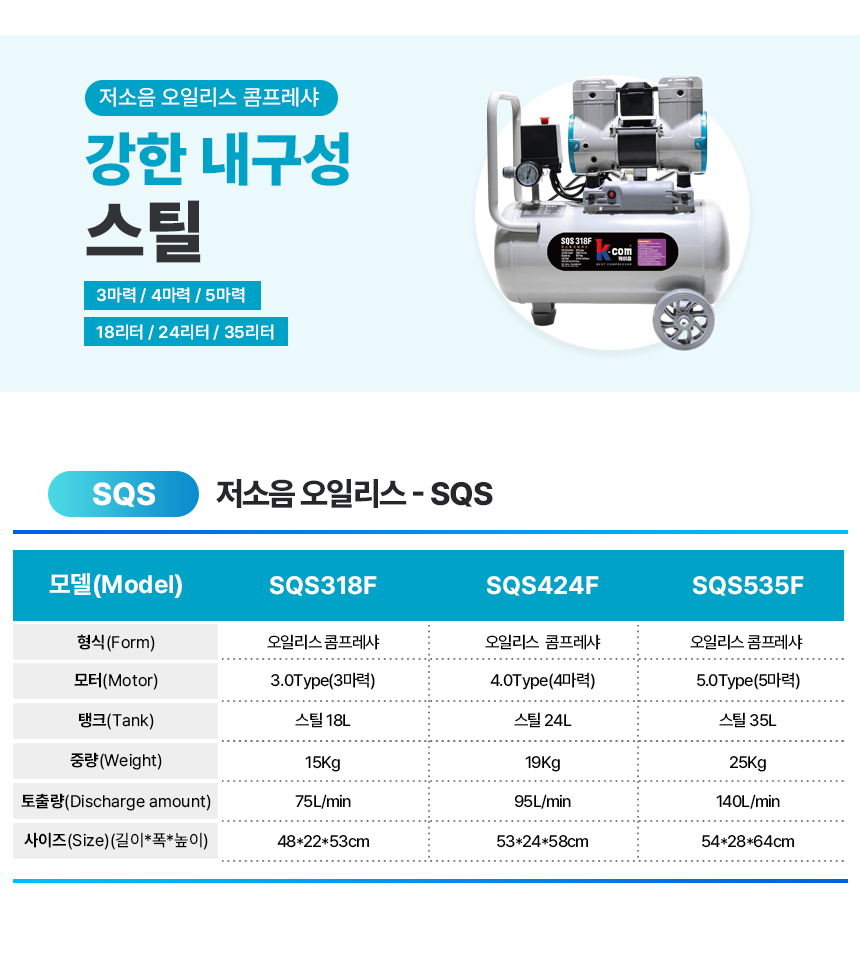 케이콤 에어 콤프레샤 오일리스 5마력 35리터 SQS535F