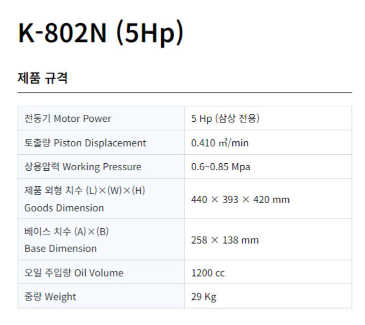 코핸즈 헤드 펌프 압축기 바디 수리용 교체용 저압 5마력 K-802N