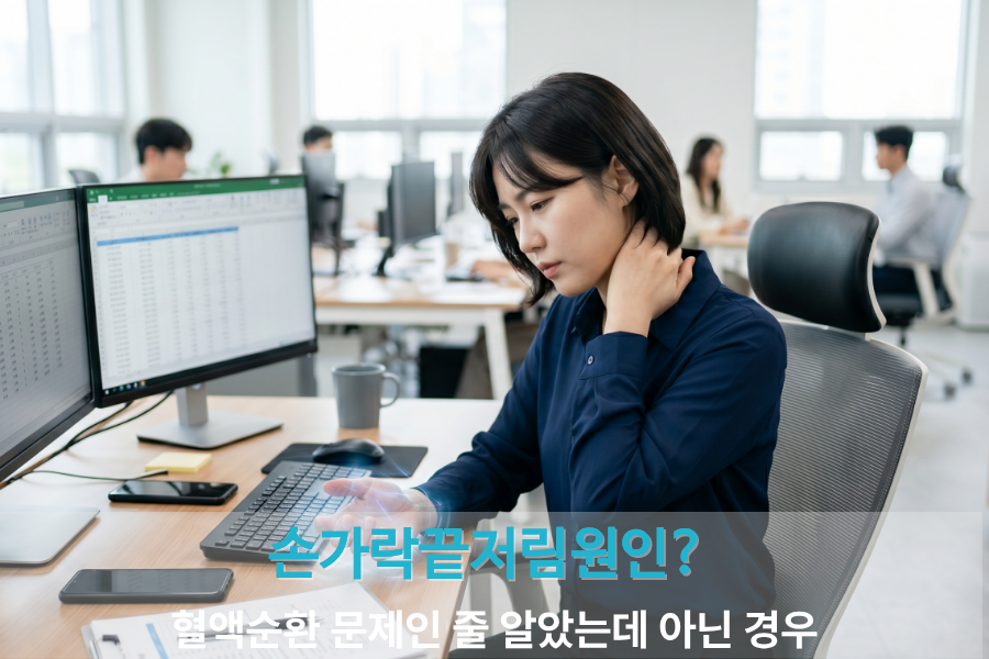 손가락끝저림원인으로 목디스크를 의심하는 직장인