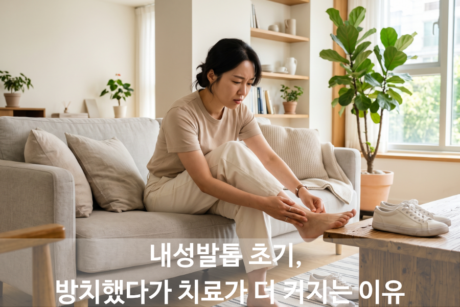 내성발톱 초기 증상으로 엄지발가락의 불편함을 느끼는 여성