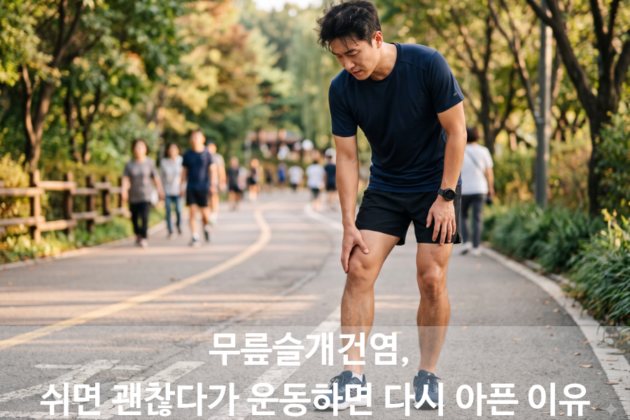 러닝 중 무릎슬개건염으로 무릎 앞쪽 통증을 느끼는 모습