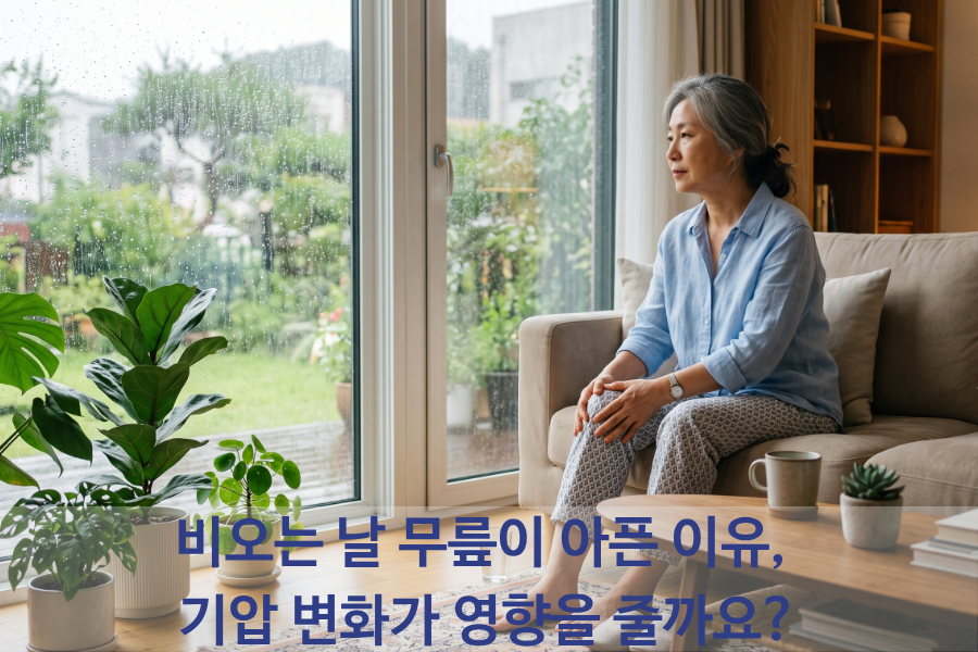 비 오는 날 무릎 통증을 호소하는 환자의 모습