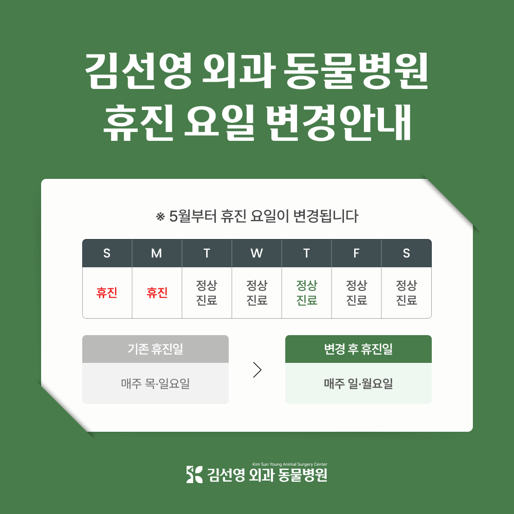 김선영 외과 동물병원 휴진 요일 변경 안내