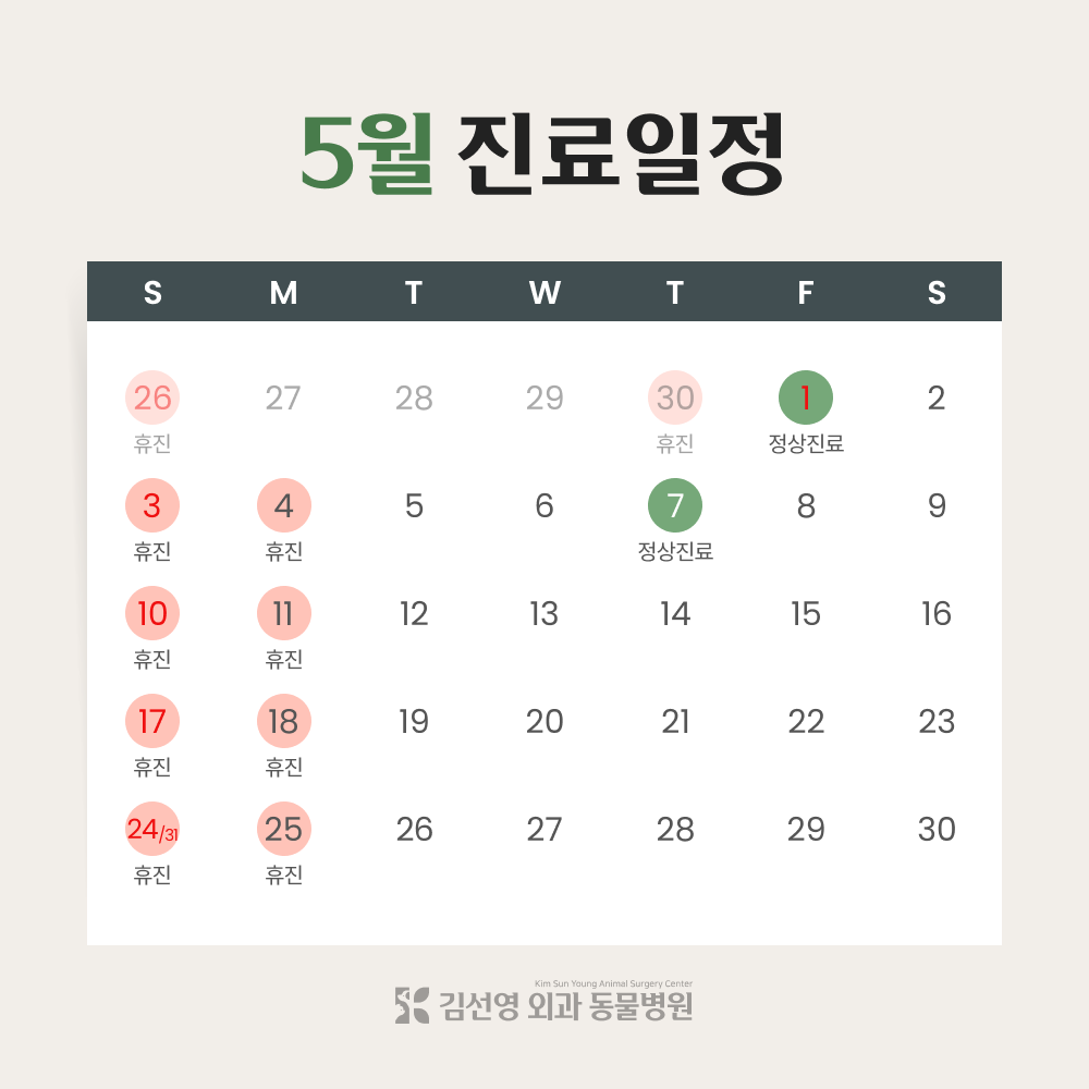 김선영 외과 동물병원 5월 진료일정 안내