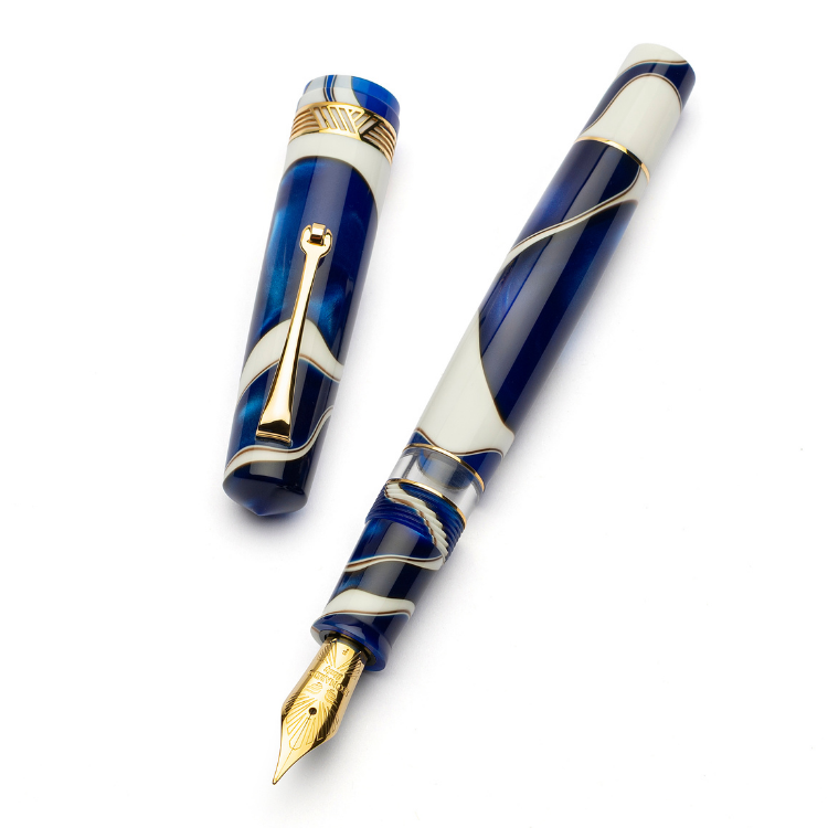 Yellow gold trim Momento Magico Blue Wave fountain pen opened