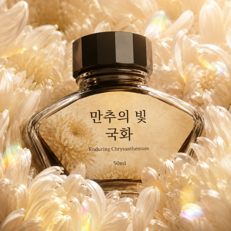 국화꽃 사이의 만추의 빛 국화 병 잉크