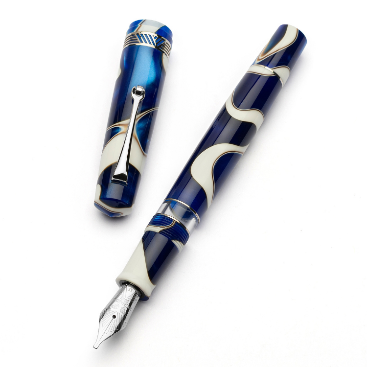 Silver trim Momento Magico Blue Wave fountain pen opened