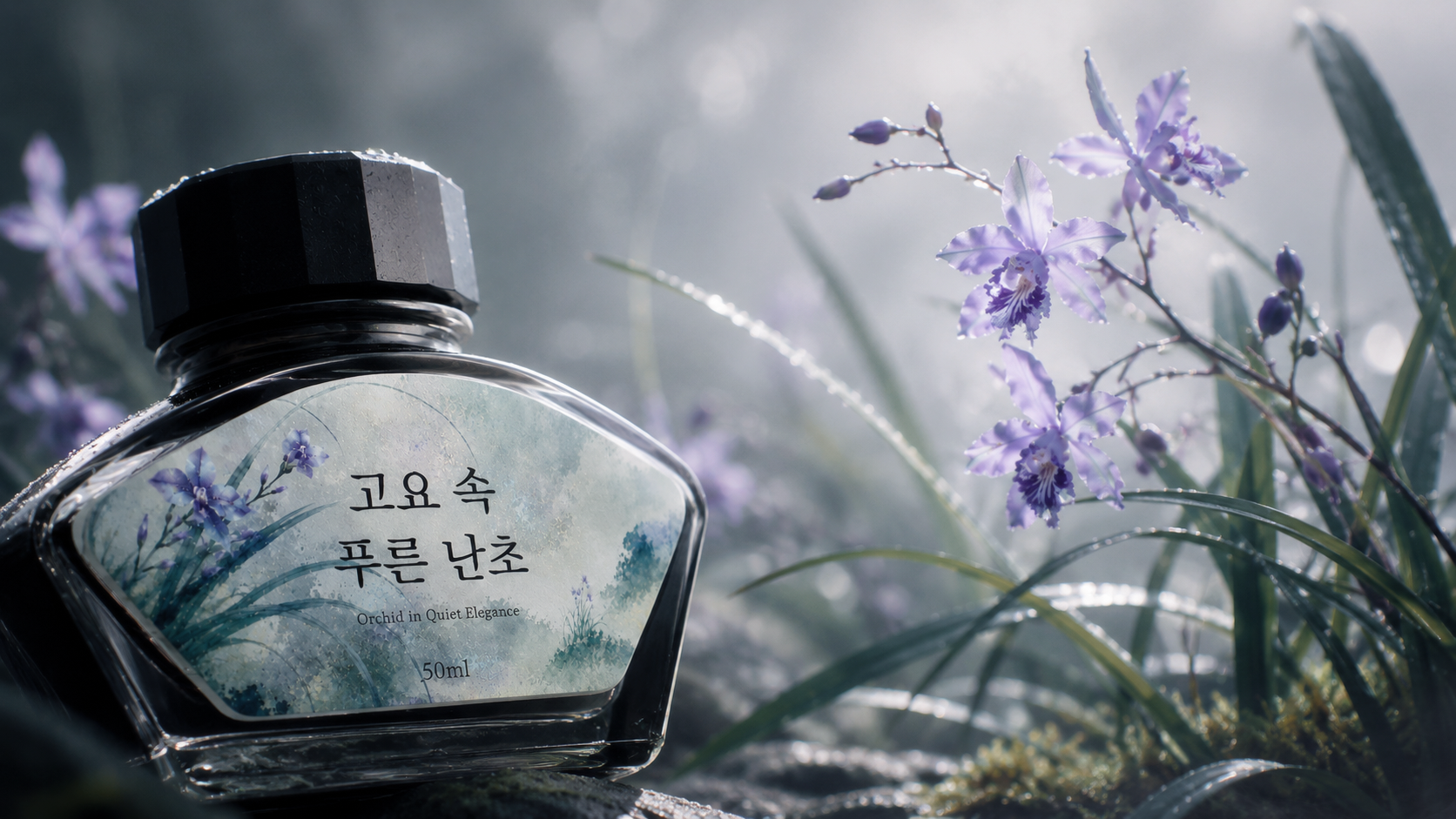 고요 속 푸른 난초 병 잉크와 난초 연출 이미지
