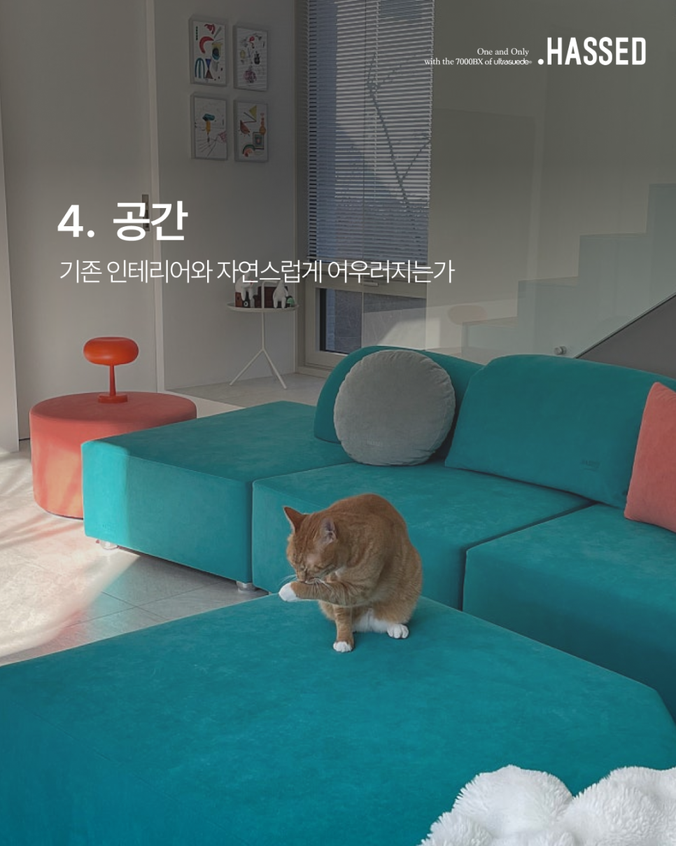 자연 채광 아래에서 인테리어와 어우러지는 헷세드 소파의 컬러감