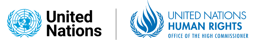 왼쪽에는 파란 지구를 감싼 올리브 가지의 유엔(UN) 엠블럼과 "United Nations" 글자가, 오른쪽에는 파란 유엔 인권 엠블럼과 "UNITED NATIONS HUMAN RIGHTS, OFFICE OF THE HIGH COMMISSIONER" 글자가 나란히 놓인 로고 이미지입니다.