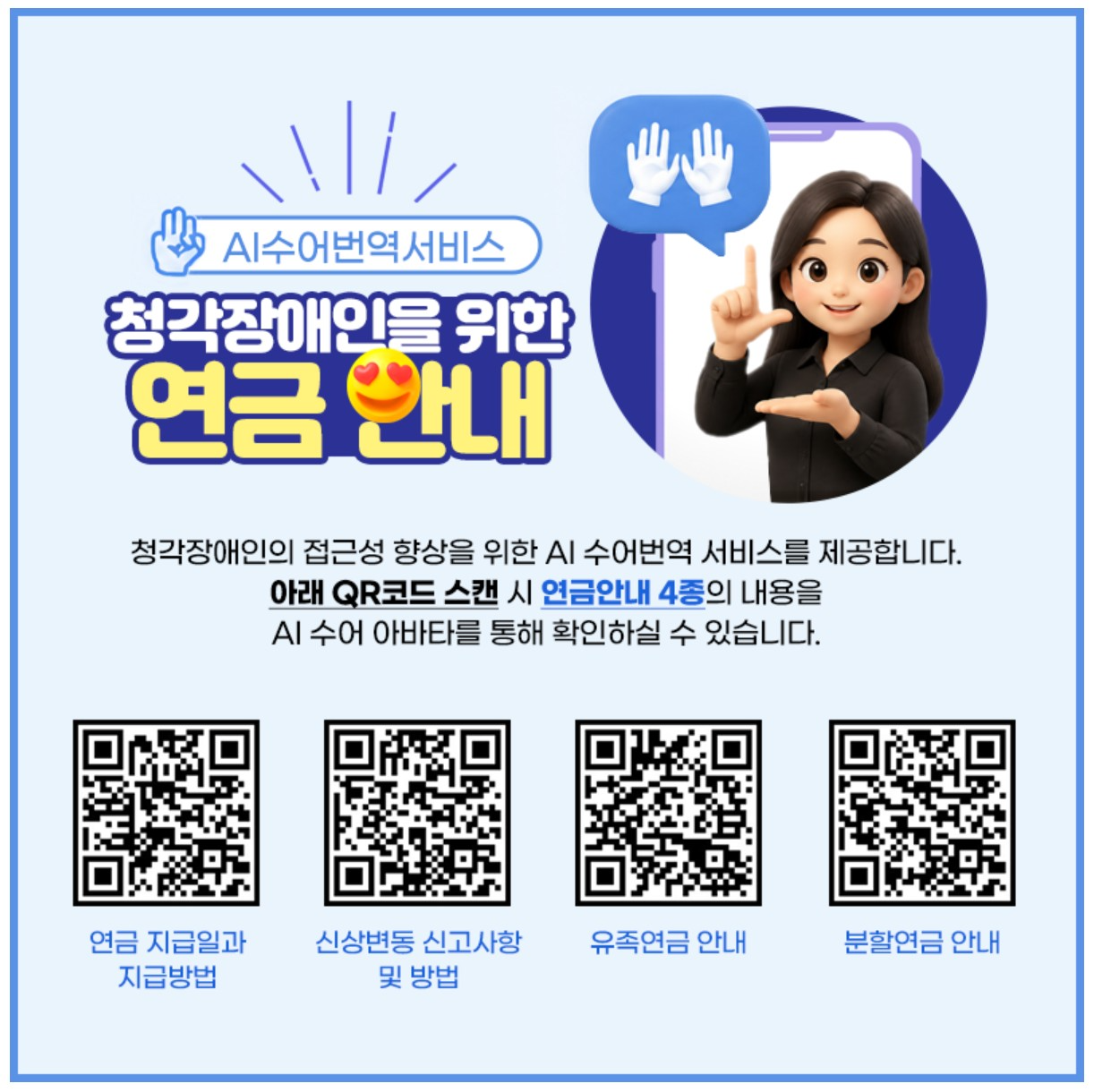 공무원연금공단 AI 수어번역 서비스 안내 이미지. 화면 속 수어 아바타 일러스트와 함께 ‘청각장애인을 위한 연금 안내’ 문구가 있고, 아래에 연금 지급일과 지급방법, 신상변동 신고사항 및 방법, 유족연금 안내, 분할연금 안내 4종의 QR코드가 있습니다. QR코드를 스캔하면 해당 안내문을 AI 수어 아바타로 확인할 수 있습니다.