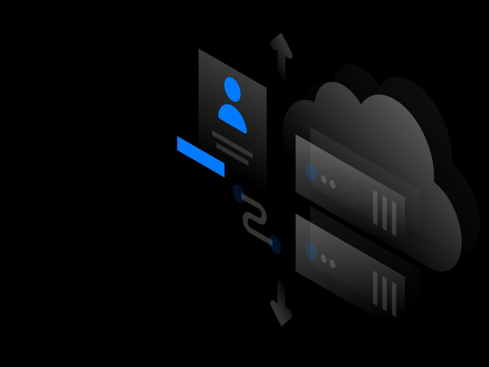 Infographic illustrating EQ4ALL’s cloud-based data processing and synchronization system. A user profile card is connected to cloud server icons, with arrows indicating data upload and download flows. The network-style structure represents cloud computing infrastructure, secure data storage, and real-time synchronization within a digital platform.