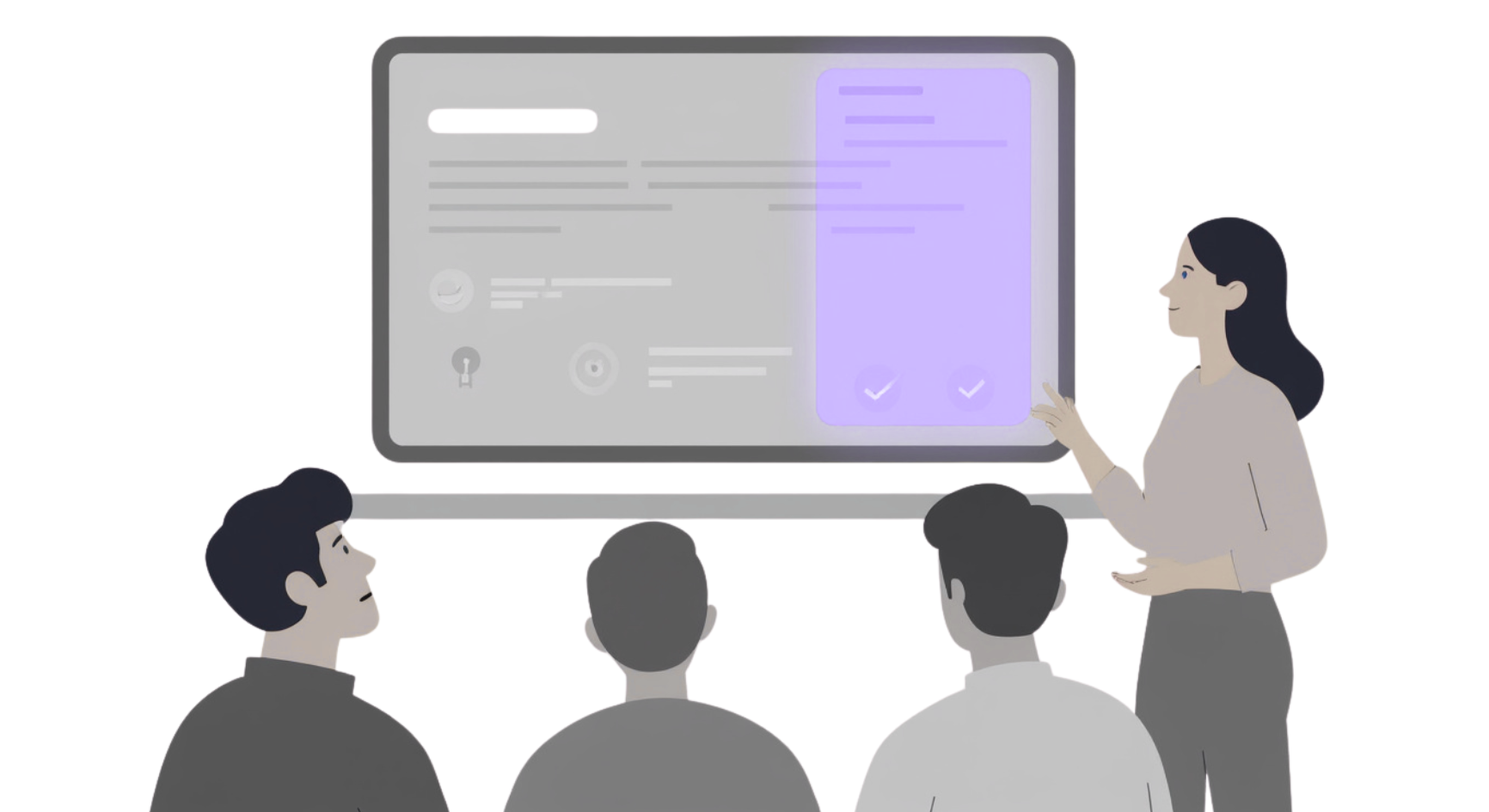 교실에서 교사가 대형 화면을 가리키며 설명하고 있고, 세 명의 학생이 화면을 바라보고 있다. 화면에는 일반 텍스트와 함께 오른쪽에 강조된 쉬운 정보 영역이 표시되어 있다.