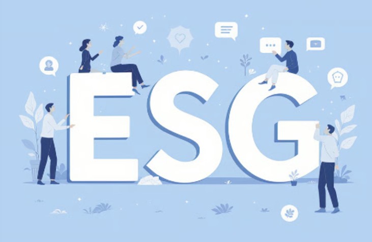ESG concept infographic illustration. A large “ESG” text is placed at the center, surrounded by people communicating and collaborating. The image visually symbolizes the integrated values of Environmental, Social, and Governance, representing corporate sustainability management and ESG strategy.