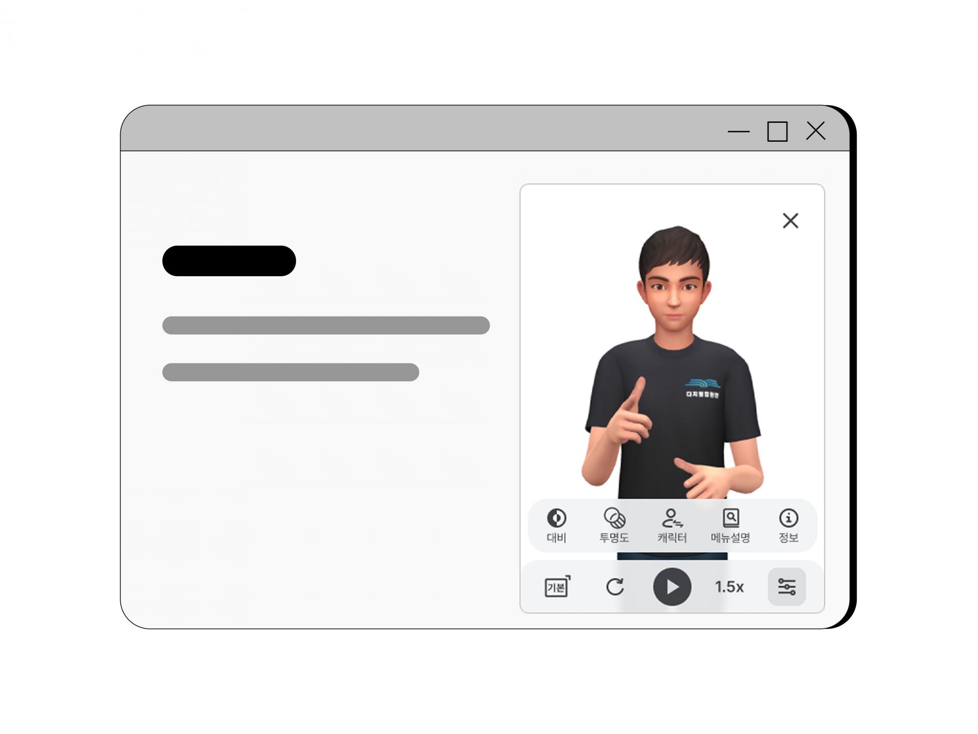 An illustration of a sign language avatar interface embedded within a website. The AI-powered avatar converts text into real-time sign language video, demonstrating an accessibility solution for Deaf users. Customization options such as appearance, speed, and background transparency highlight EQ4ALL’s personalized and inclusive web accessibility technology.