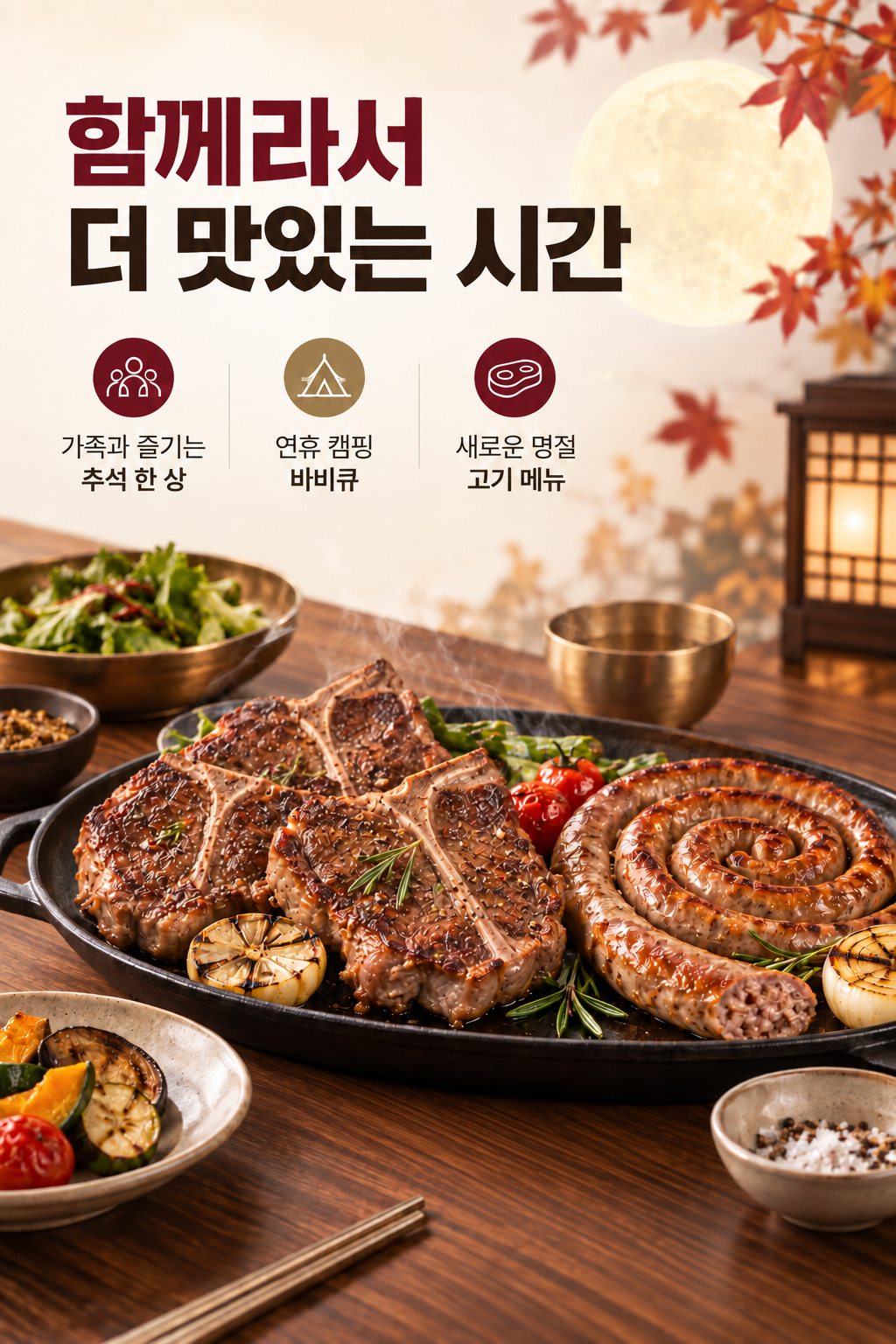 가족 추석 식탁과 연휴 캠핑 바비큐에 차린 양고기 T본과 램워스 소시지