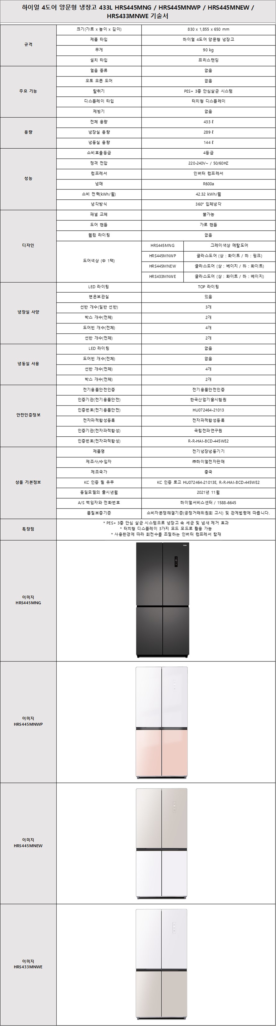 [5싱글] 하이얼 4도어 냉장고(433L)