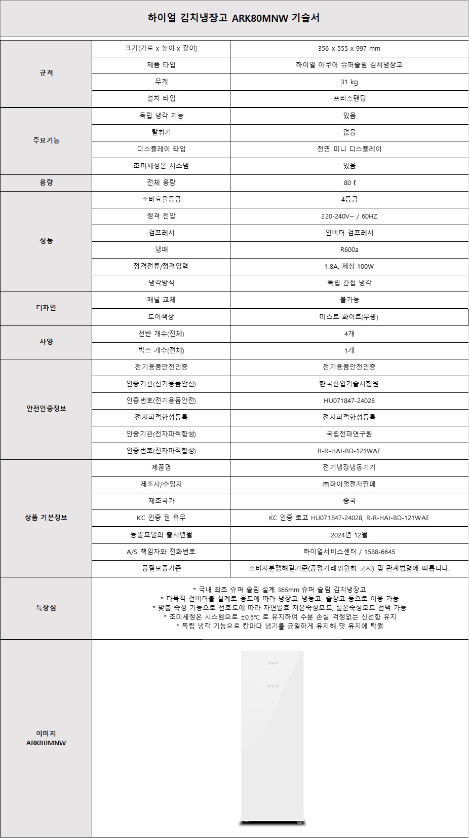 [5싱글] 하이얼 슬림 김치냉장고+쇼케이스