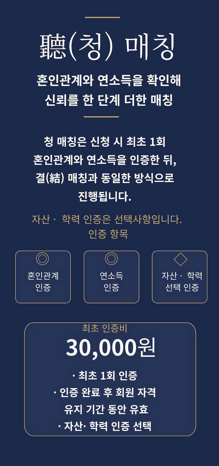 더가까이의 매칭 방법중 하나인 들을 청 매칭을 설명한 상세 페이지입니다. 직장인을 위한 꼼꼼한 인증, 철저한 검증을 통해 믿을 수 있는 만남을 연결합니다