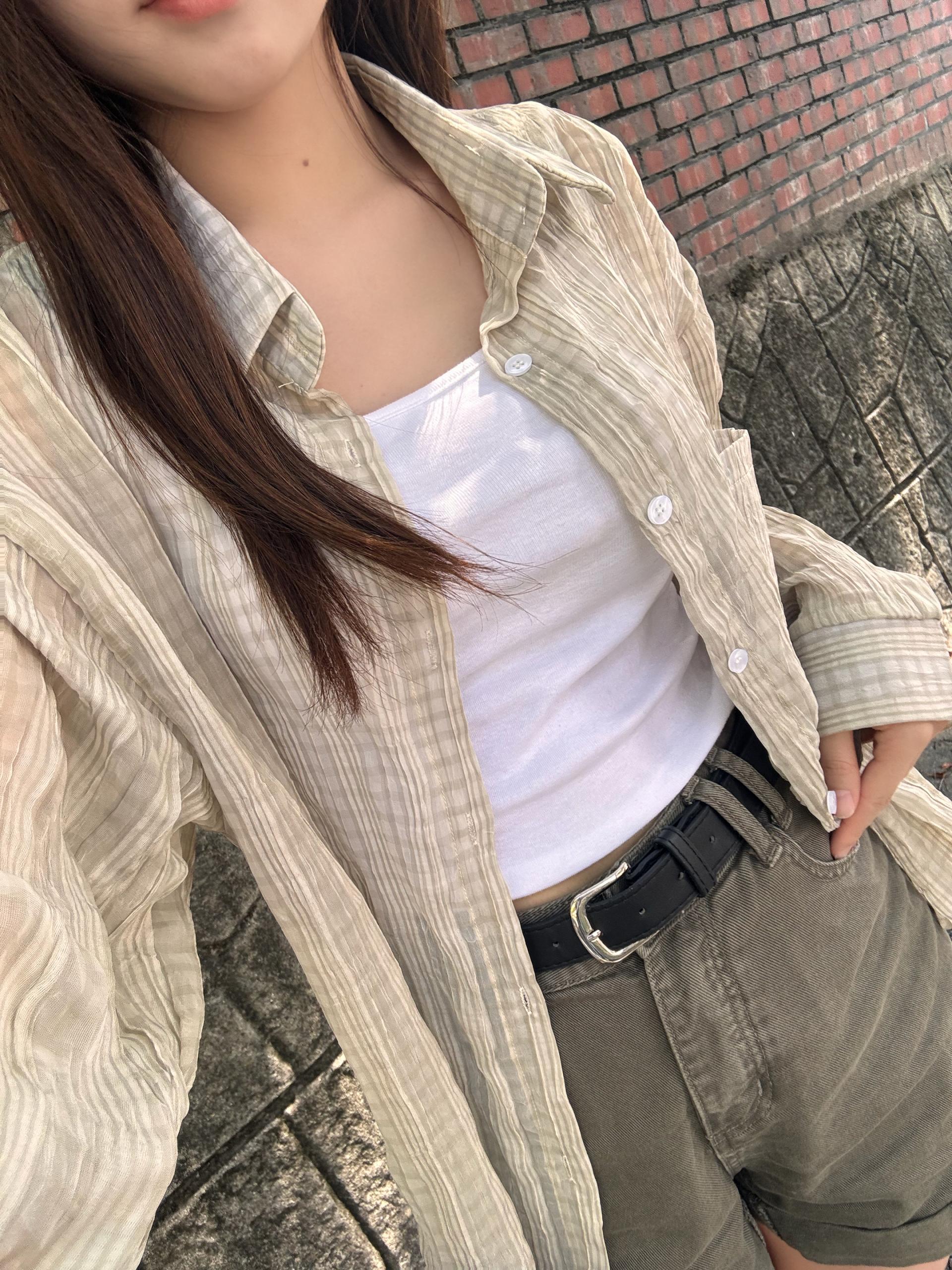 (당일발송) 베이 체크 긴팔 시스루 셔츠 - 2color
