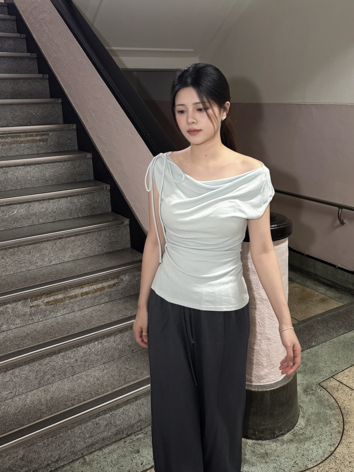 (당일발송) 오로라 셔링 리본 티 - 2color