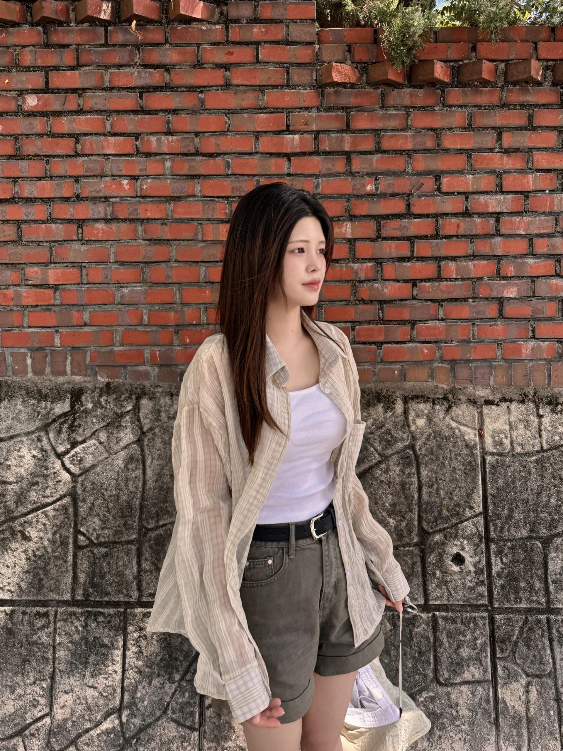 (당일발송) 베이 체크 긴팔 시스루 셔츠 - 2color