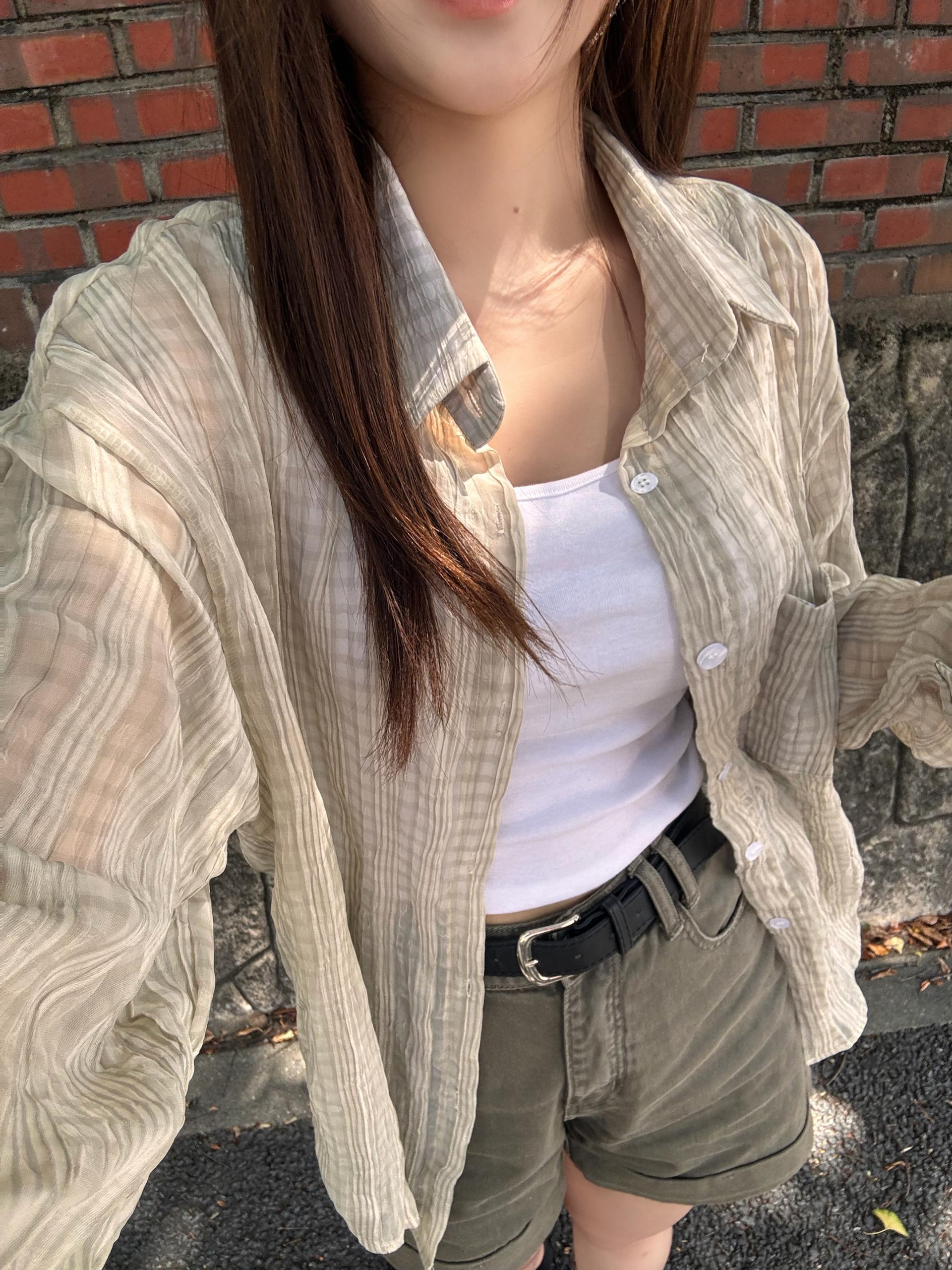 (당일발송) 베이 체크 긴팔 시스루 셔츠 - 2color