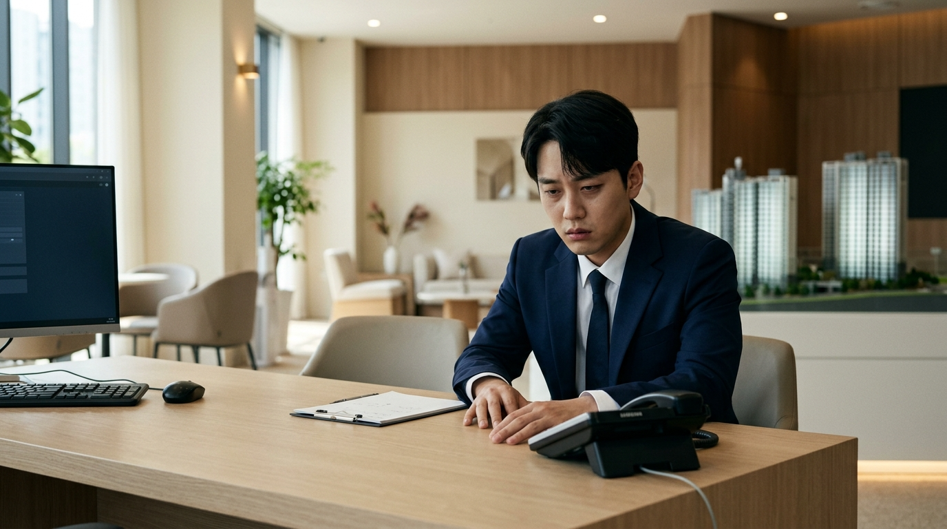 전화기 앞에서 망설이는 상담사