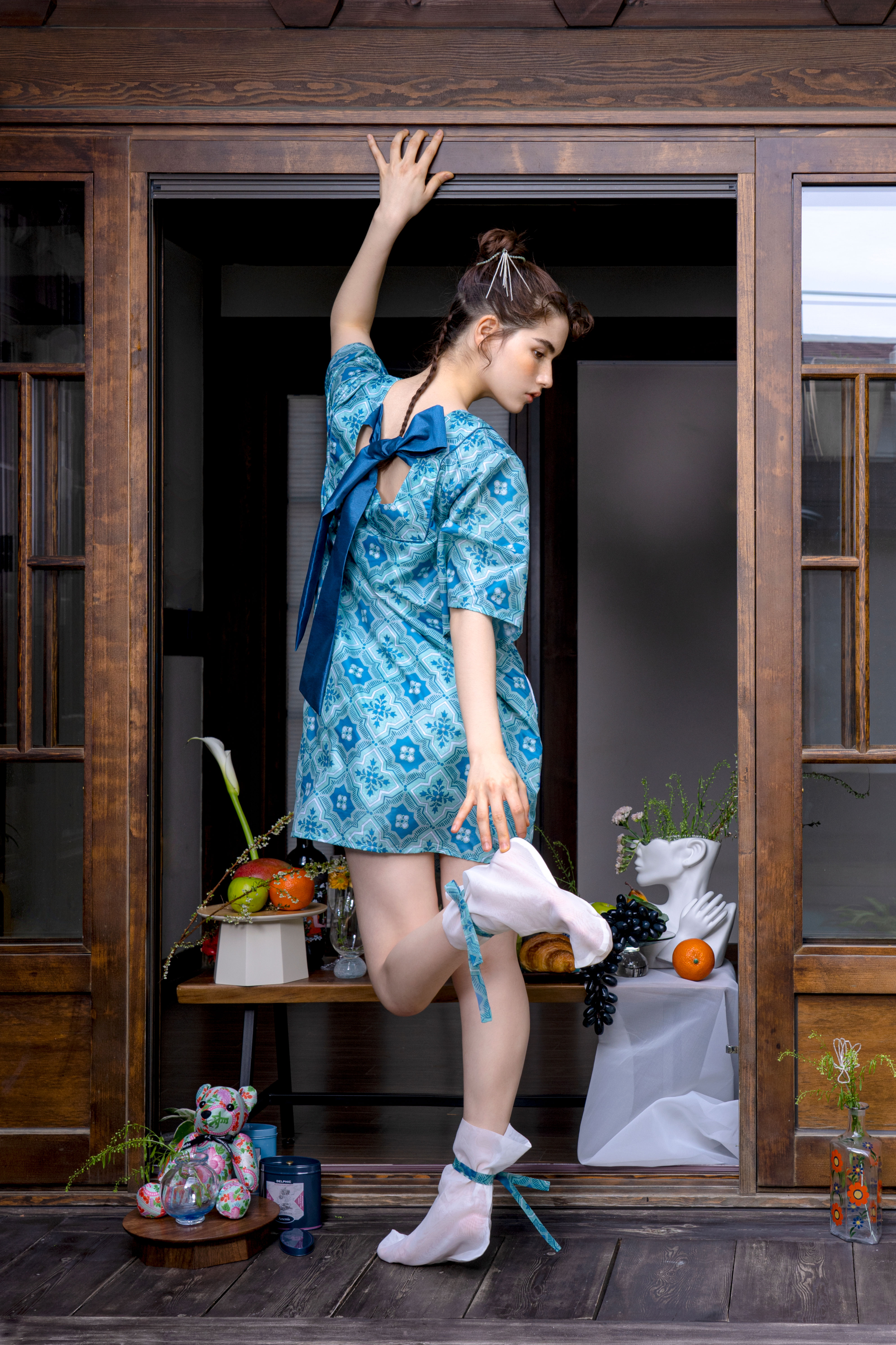 Square Neck Ribbon Dress_Jade green