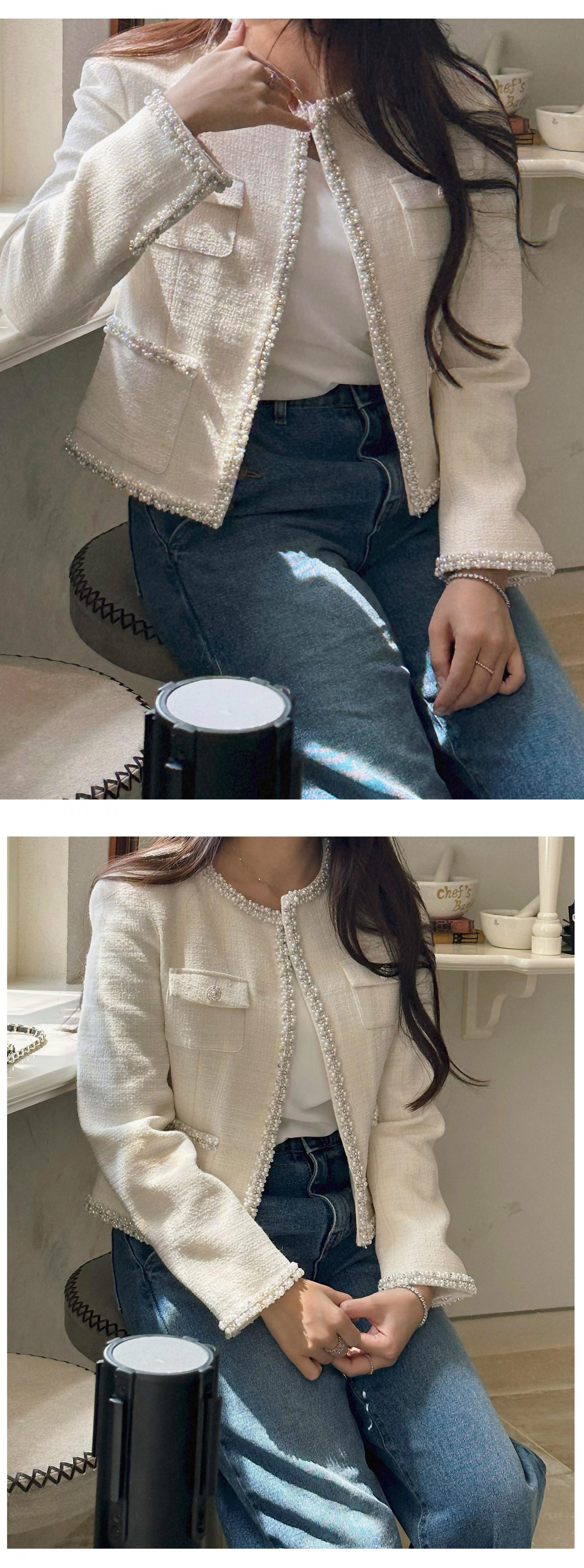 Amélie Pearl-Trimmed Tweed Jacket (IVORY)